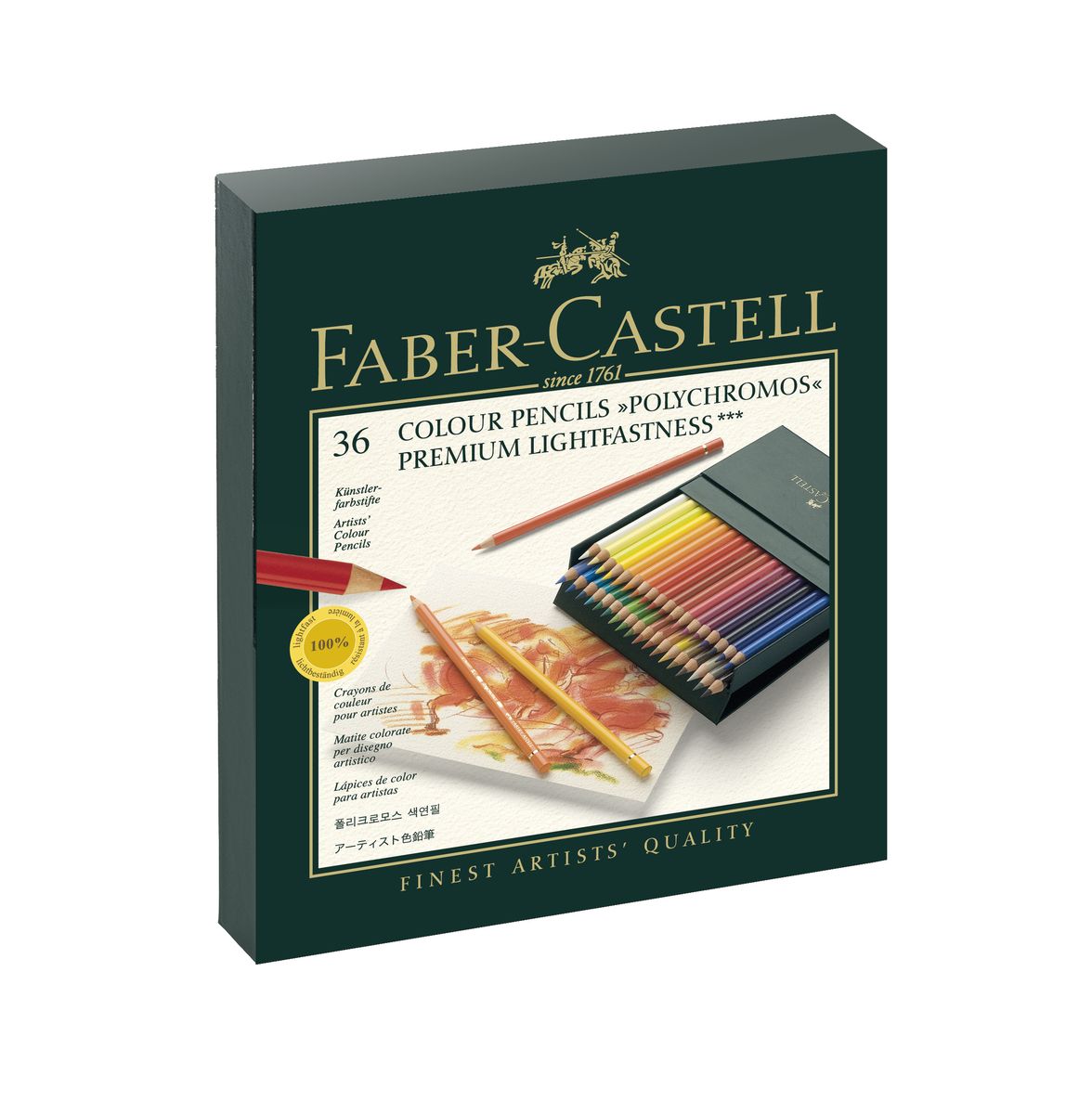 Faber-Castell Цветные карандаши POLYCHROMOS набор цветов в студийной (кожзам) коробке 36 шт110038 Faber-Castell Цветные карандаши POLYCHROMOS набор цветов в студийной (кожзам) коробке 36 шт110038цветные карандаши наивысшего качества • высокое содержание очень качественных пигментов гарантирует устойчивость к воздействию света и интенсивность • грифель толщиной 3,8 мм • гладкий грифель на основе воска, водоустойчив, не размазывается