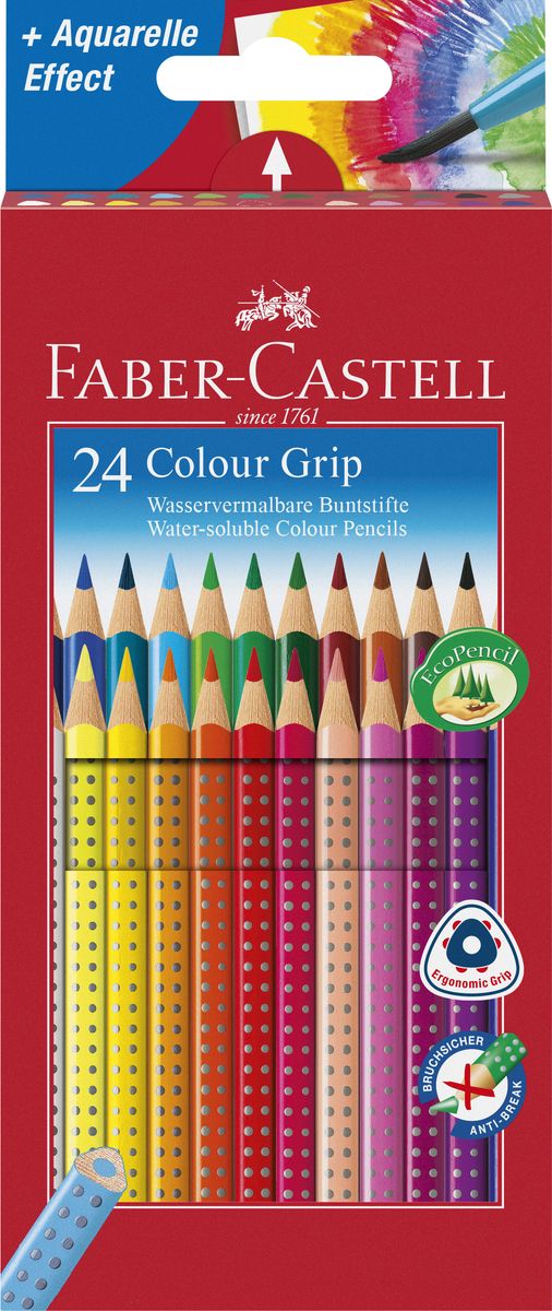 Faber-Castell Цветные карандаши Grip 24 цвета112424 Faber-Castell Цветные карандаши Grip 24 цвета112424Цветные карандаши Faber-Castell Grip станут незаменимым инструментом для начинающих и профессиональных художников. В набор входят 24 карандаша разных цветов. Особенности карандашей: запатентованная GRIP-антискользящая зона захвата с малыми массажными шашечками; яркие, насыщенные цвета; размываемый водой грифель; специальное место для имени; отстирываются с большинства обычных тканей; специальная технология вклеивания (SV) предотвращает поломку грифеля; покрыты лаком на водной основе - бережным по отношению к окружающей среде и здоровью детей; качественное, мягкое дерево - гарантия легкого затачивания при помощи стандартных точилок; эргономичная трехгранная форма. Набор цветных карандашей - это практичный художественный инструмент, который поможет вам в создании самых выразительных произведений.