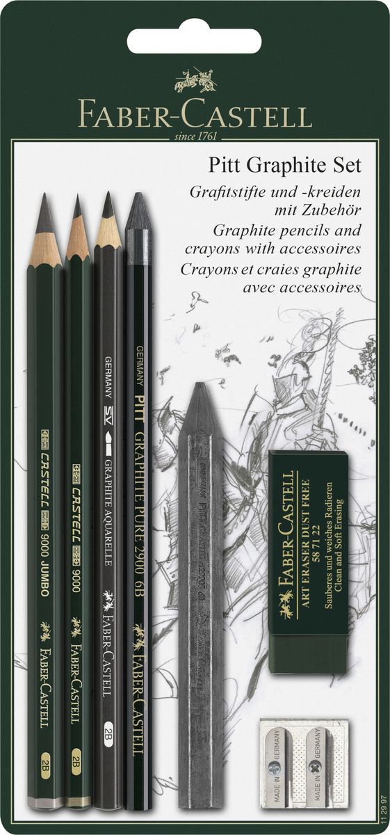 Faber-Castell Набор пастельных карандашей и мелков Pitt112997 Faber-Castell Набор пастельных карандашей и мелков Pitt112997Набор Faber-Castell Pitt состоит из пастельных карандашей и мелков, а также нескольких аксессуаров: ластика и точилки на два вида карандашей. Пастельные карандаши Pitt, с грифелями без масляной основы, используются профессиональными художниками не только для корректировки рисунков нанесенными пастельными мелками, но и для создания рисунков ими же. Многие художники получают удовольствие от пастельной техники и ее многогранности. Грифель пастельных карандашей Pitt очень компактный и экономичный в использовании. Грифель имеет высокое содержание пигментов, что позволяет одинаково легко наносить рисунок и затенять его. Мелки Pitt monochrome от Faber-Castell разработаны для рисования эскизов тверже, чем обычные пастельные мелки. По этой причине, линии не исчезают полностью при смазывании рисунка. Мелки, цвета сепии и сангины на масляной и безмасляной основах, созданы для тщательных проработок линий и деталей в эскизах. Такой подарок будет незаменим как юным,...