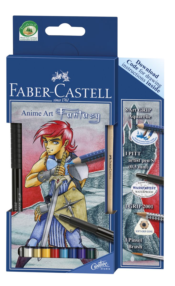 Faber-Castell Акварельные карандаши ART GRIP AQUARELLE набор Фантазия114484 Faber-Castell Акварельные карандаши ART GRIP AQUARELLE набор Фантазия114484Акварельные карандаши Art Grip Акварель. Наборы Anime Manga • мелкие массажные и антискользящие шашечки (уникальная технология, запатентованная компанией Faber-Castell) • эргономичная трехгранная форма • полная растворимость грифеля в воде • интересные и уникальные акварельные эффекты • оптимальный объем высококачественных пигментов • гарантирует высокую интенсивность цвета • покрыты лаком на водной основе – бережным по отношению к окружающей среде • специальная технология вклеивания (SV) предотвращает поломку грифеля Состав наборов: 8x карандашей Art Grip Акварель 1x карандаш Grip 2001, тверд. 2B 1x PITT Artist Pen S - черный 1x кисточка