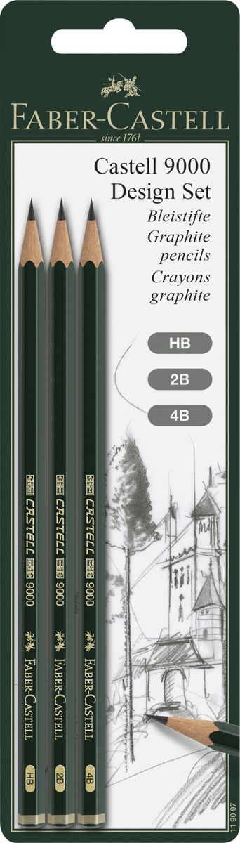 Faber-Castell Чернографитовый карандаш Castell 9000 HB 2B 4B 3 шт119097 Faber-Castell Чернографитовый карандаш Castell 9000 HB 2B 4B 3 шт119097Чернографитный карандаш Faber-Castell Castell 9000 станет не только идеальным инструментом для письма, рисования или черчения, но и дополнит ваш имидж. Шестигранный корпус выполнен из натуральной древесины с зеленым глянцевым покрытием с надписями золотого цвета. Высококачественный ударопрочный грифель не крошится и не ломается при заточке. В наборе 3 карандаша с разной твердостью.