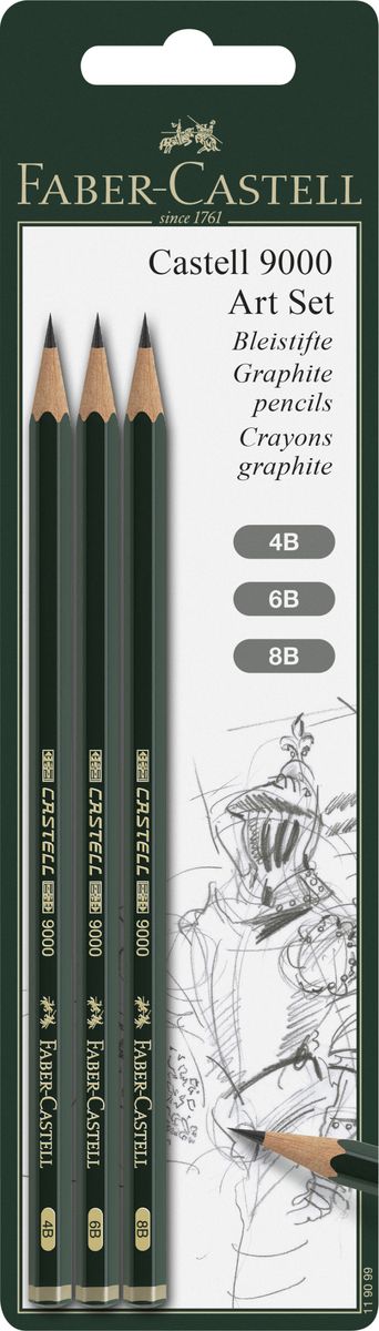 Faber-Castell Чернографитовый карандаш Castell 9000 4B 6B 8B 3 шт119099 Faber-Castell Чернографитовый карандаш Castell 9000 4B 6B 8B 3 шт119099Чернографитный карандаш Faber-Castell станет не только идеальным инструментом для письма, рисования или черчения, но и дополнит ваш имидж. Шестигранный корпус выполнен из натуральной древесины с зеленым глянцевым покрытием с надписями золотого цвета. Высококачественный ударопрочный грифель не крошится и не ломается при заточке. В наборе 3 карандаша с разной твердостью.