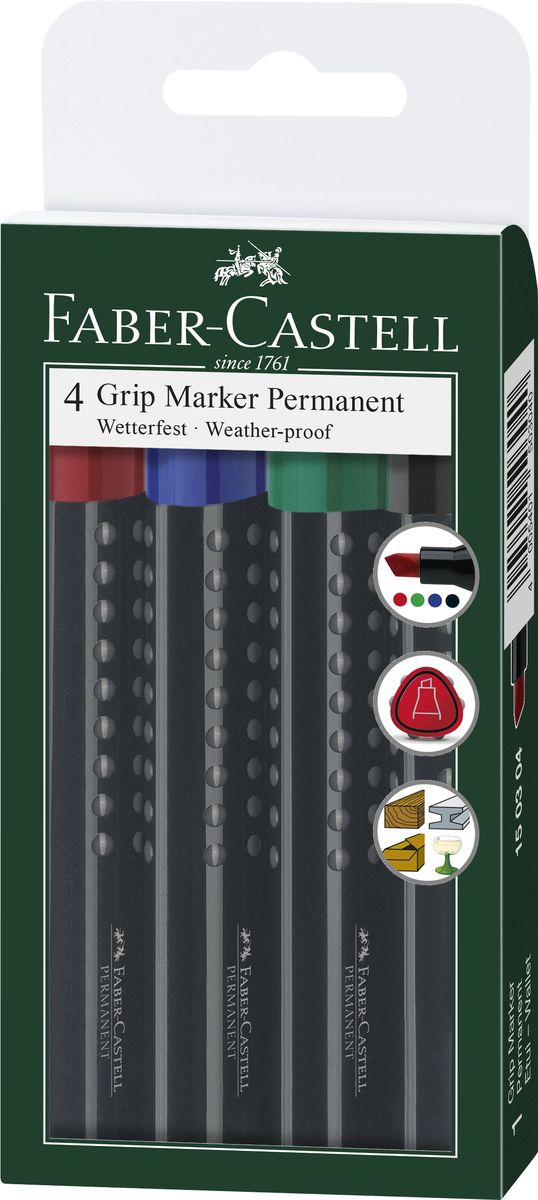 Faber-Castell Перманентный маркер Grip 4 шт150304 Faber-Castell Перманентный маркер Grip 4 шт150304Набор перманетных маркеров Faber-Castell включает в себя 4 маркера. Особенности маркеров: эргономичная трехгранная область захвата; идеален для любых поверхностей; линия маркировки шириной 2-5 мм; 4 ярких цвета; простая система повторного наполнения чернилами; быстрое высыхание; устойчивы к воздействию воды и стиранию. Такой набор станет незаменимым при любых работах, так как позволяет делать пометки и надписи на любых поверхностях, включая стекло, картон, дерево и металл.
