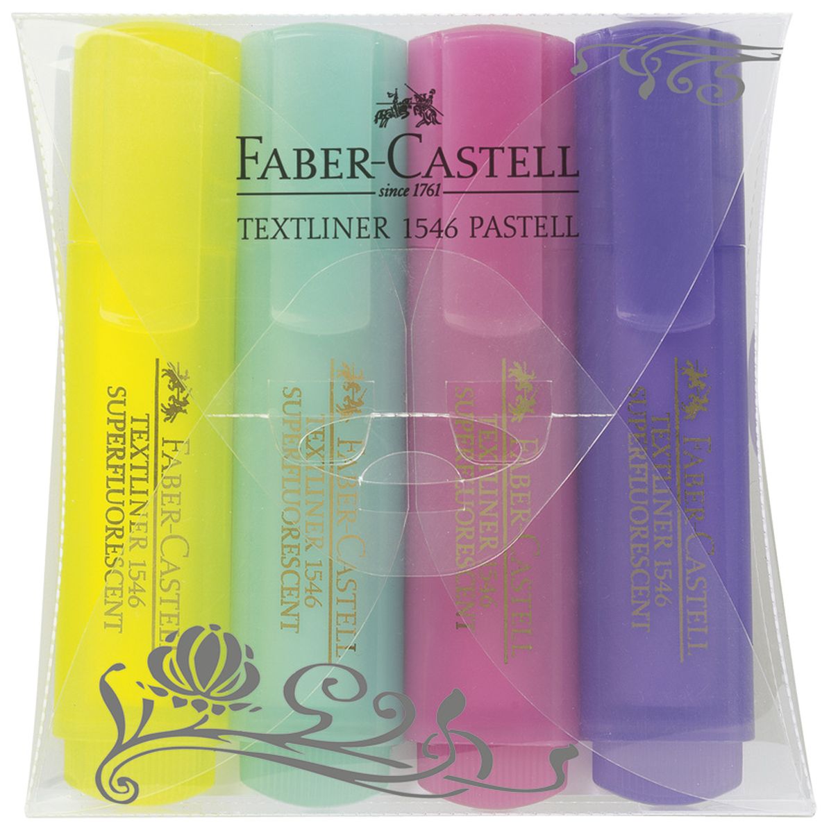 Faber-Castell Текстовыделитель 4 цвета154610 Faber-Castell Текстовыделитель 4 цвета154610Суперфлуоресцентный текстовыделитель Faber-Castell подойдет для выделения текстов на разных видах бумаги, в том числе на бумаге для факсов и копировальных машин, и станет незаменимым атрибутом работы в офисе. Текстовыделитель с клиновидным острием обладает ярким, насыщенным цветом и четким контуром линии шириной 2-5 мм. В наборе 4 текстовыделителя пастельных цветов в привлекательном прозрачном корпусе.