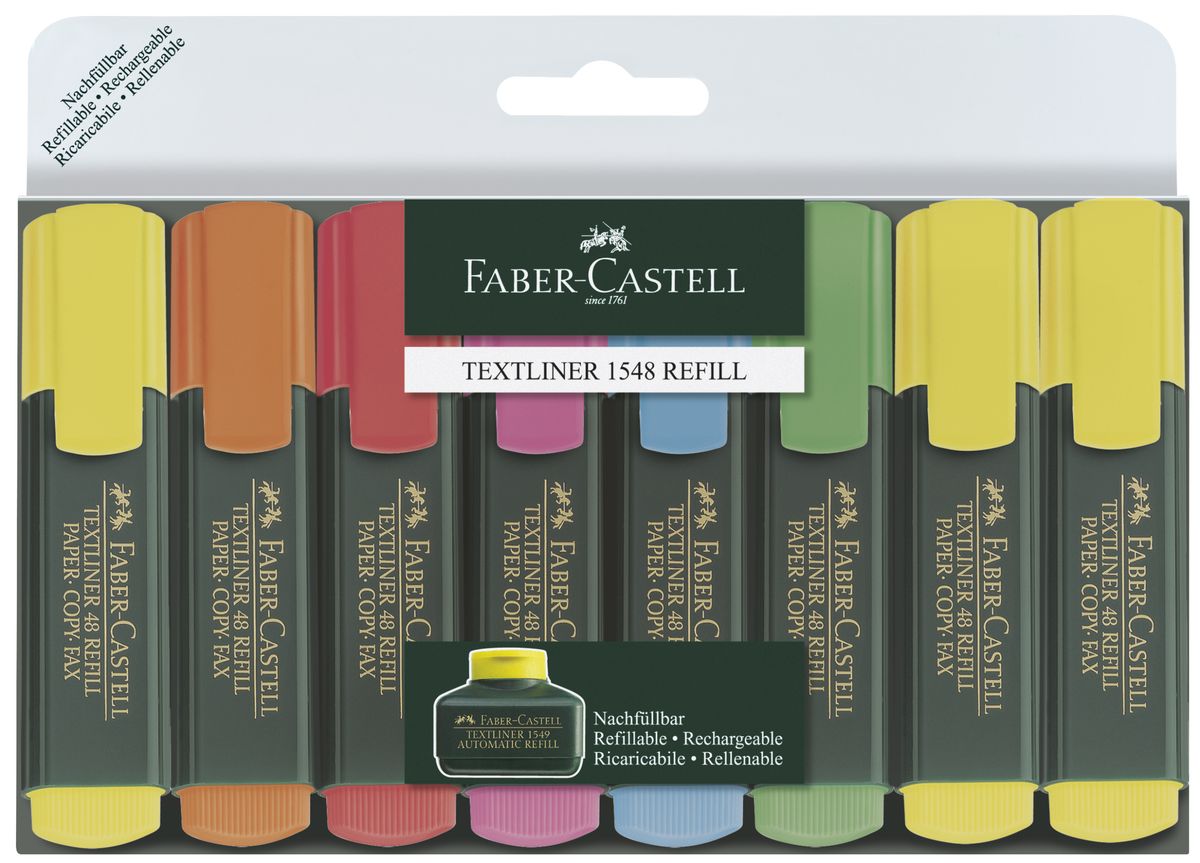 Faber-Castell Текстовыделитель 1548 набор цветов в футляре 8 шт154862 Faber-Castell Текстовыделитель 1548 набор цветов в футляре 8 шт154862очень качественный маркер • возможность повторного наполнения • чернила на водной основе • идеален для всех видов бумаги • линия маркировки шириной 5, 2 или 1 мм • 6 интенсивных цветов