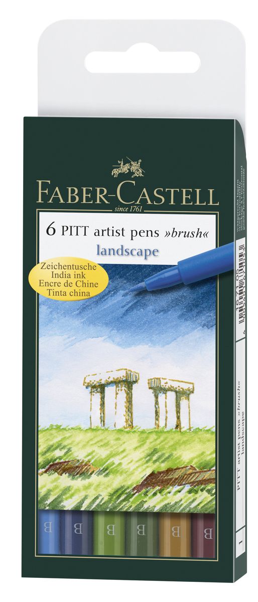 Faber-Castell Капиллярная ручка с кисточкой Pitt Artist Pens Landscape 6 цветов167105 Faber-Castell Капиллярная ручка с кисточкой Pitt Artist Pens Landscape 6 цветов167105Одноразовые капиллярные ручки с кисточками Faber-Castell Landscape станут незаменимым инструментом для начинающих и профессиональных художников. В набор входят 6 ручек естественных оттенков - голубой, синий, зеленый, темно-зеленый, охра, терракотовый. Заостренные кончики ручек позволяют проводить тончайшие линии. Чернила не выцветают на свету , не стираются и не размываются водой, не имеют неприятного запаха и pH-нейтральны. Набор художественных капиллярных ручек с кисточками - это практичный и современный художественный инструмент, который поможет вам в создании самых выразительных произведений.