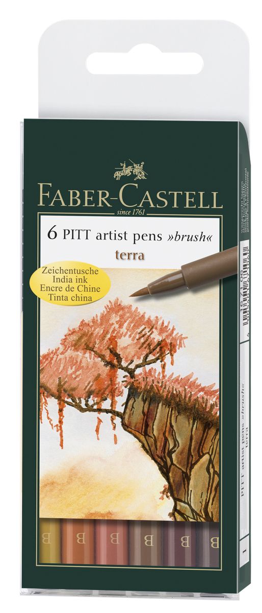 Faber-Castell Капиллярные ручки с кисточкой Pitt Artist Pens Terra 6 цветов167106 Faber-Castell Капиллярные ручки с кисточкой Pitt Artist Pens Terra 6 цветов167106Одноразовые капиллярные ручки с кисточками Faber-Castell Terra станут незаменимым инструментом для начинающих и профессиональных художников. В набор входят 6 ручек теплых естественных оттенков - светло-желтый, оранжевый, светло-коричневый, терракотовый, коричневый и телесно-бежевый. Заостренные кончики ручек позволяют проводить тончайшие линии. Чернила не выцветают на свету, не стираются и не размываются водой, не имеют неприятного запаха и pH-нейтральны. Набор художественных капиллярных ручек с кисточками - это практичный и современный художественный инструмент, который поможет вам в создании самых выразительных произведений.