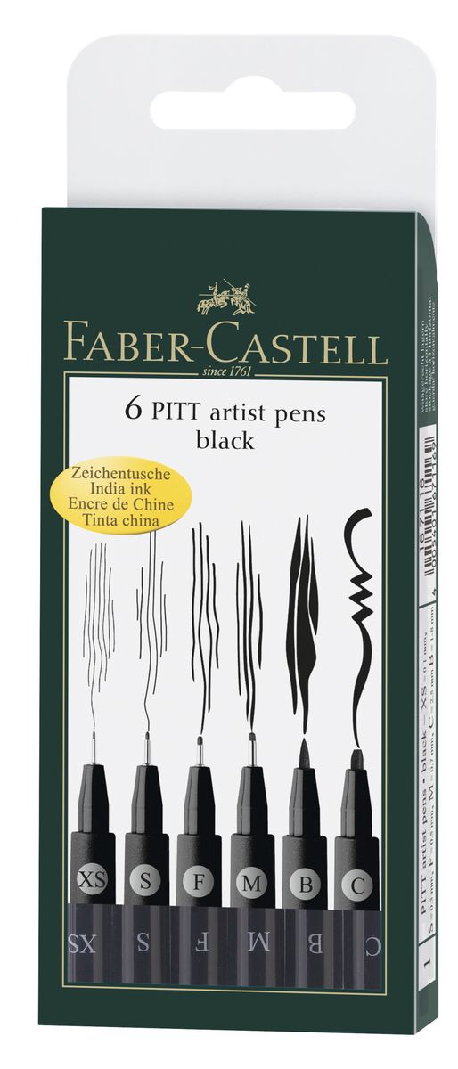 Faber-Castell Капиллярные ручки Artist Pen black ширина наконечника M F S XS B C черный в футляре 6 шт167116 Faber-Castell Капиллярные ручки Artist Pen black ширина наконечника M F S XS B C черный в футляре 6 шт167116Современные художественные капиллярные ручки Artist Pen black для набросков тушью, рисования и живописи имеют PH-нейтральные чернила и не содержат кислот. Чернила являются устойчивыми к воздействию солнечных лучей, водостойкие после высыхания, не размываются. Набор состоящий из шести капиллярных ручек разной толщины наконечника (M, F, S, XS, B, C) предназначены для художественных и графических работ, удобны в использовании, позволяют комбинировать стили рисования.