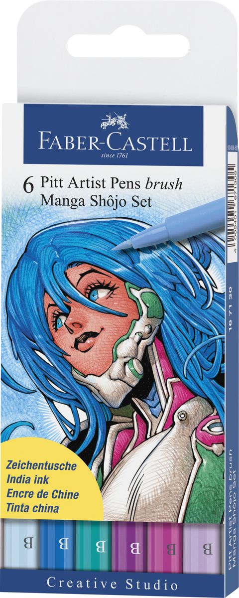 Faber-Castell Капиллярные ручки с кисточкой Manga Shojo 6 цветов167130 Faber-Castell Капиллярные ручки с кисточкой Manga Shojo 6 цветов167130Одноразовые капиллярные ручки с кисточками Faber-Castell Manga Shojo станут незаменимым инструментом для начинающих и профессиональных художников. В набор входят 6 ручек ярких цветов: светло-голубой, голубой, бирюзовый, сиреневый, розовый, светло- розовый. Заостренные кончики ручек позволяют проводить тончайшие линии. Чернила не выцветают на свету, не стираются и не размываются водой, не имеют неприятного запаха и pH-нейтральны. Набор художественных капиллярных ручек с кисточками - это практичный и современный художественный инструмент, который поможет вам в создании самых выразительных произведений.