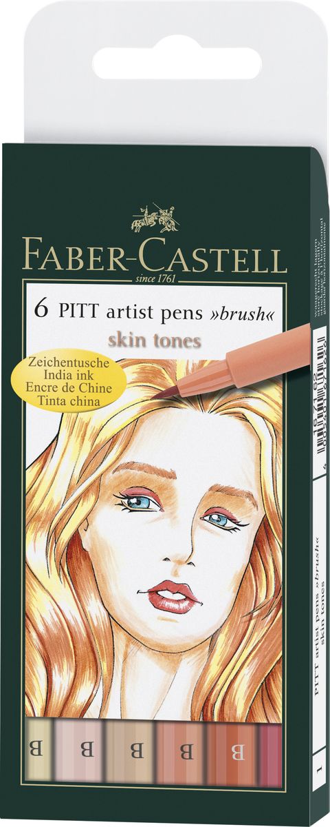 Faber-Castell Капиллярные ручки с кисточкой Pitt Artist Pens Skin Tones 6 цветов167162 Faber-Castell Капиллярные ручки с кисточкой Pitt Artist Pens Skin Tones 6 цветов167162Капиллярные ручки с кисточками Faber-Castell Pitt Artist Pens Skin Tones станут незаменимым инструментом для начинающих и профессиональных художников. В набор входят 6 ручек желтого оттенка. Заостренные кончики ручек позволяют проводить тончайшие линии. Чернила не выцветают на свету, не стираются и не размываются водой, не имеют неприятного запаха и pH-нейтральны. Набор художественных капиллярных ручек с кисточками - это практичный и современный художественный инструмент, который поможет вам в создании самых выразительных произведений.