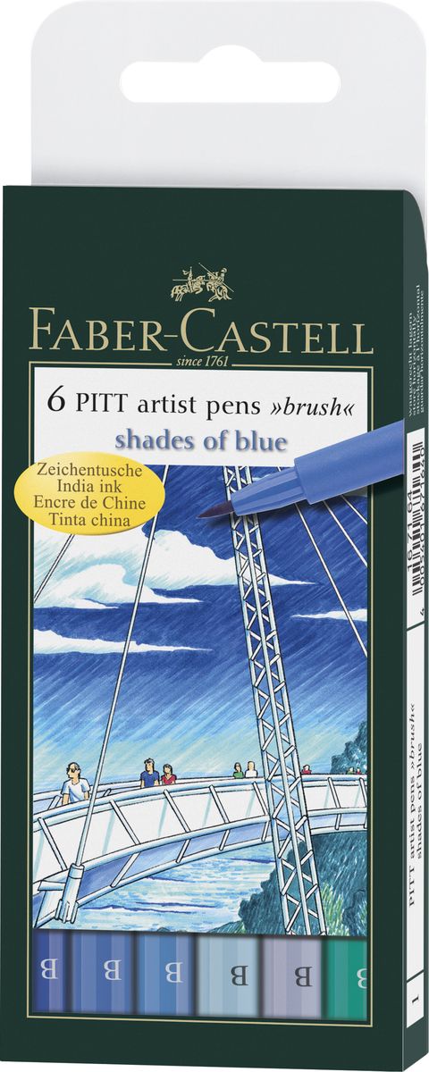 Faber-Castell Капиллярные ручки с кисточкой Pitt Artist Pen Shades Of Blue 6 цветов167164 Faber-Castell Капиллярные ручки с кисточкой Pitt Artist Pen Shades Of Blue 6 цветов167164Капиллярные ручки с наконечником-кисточкой Faber-Castell Pitt Artist Pen Shades Of Blue станут незаменимым инструментом для набросков тушью, рисования и живописи и идеальны для художников, дизайнеров, иллюстраторов, архитекторов. В набор входят 6 ручек синих оттенков. Заостренные кончики ручек позволяют проводить тончайшие линии. Чернила не выцветают на свету, не стираются и не размываются водой, не имеют неприятного запаха и pH-нейтральны. Набор художественных капиллярных ручек с кисточками - это практичный и современный художественный инструмент, который поможет вам в создании самых выразительных произведений.