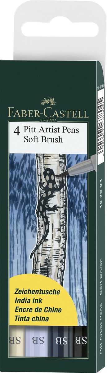 Faber-Castell Капиллярные ручки с кисточкой Shoft Brush 4 цвета167804 Faber-Castell Капиллярные ручки с кисточкой Shoft Brush 4 цвета167804Одноразовые капиллярные ручки с кисточками Faber-Castell Shoft Brush станут незаменимым инструментом для начинающих и профессиональных художников. В набор входят 4 ручки разных цветов: слоновая кость, серо-голубой, чернильно-синий, черный. Заостренные кончики ручек позволяют проводить тончайшие линии. Чернила не выцветают на свету, не стираются и не размываются водой, не имеют неприятного запаха и pH-нейтральны. Набор художественных капиллярных ручек с кисточками - это практичный и современный художественный инструмент, который поможет вам в создании самых выразительных произведений.