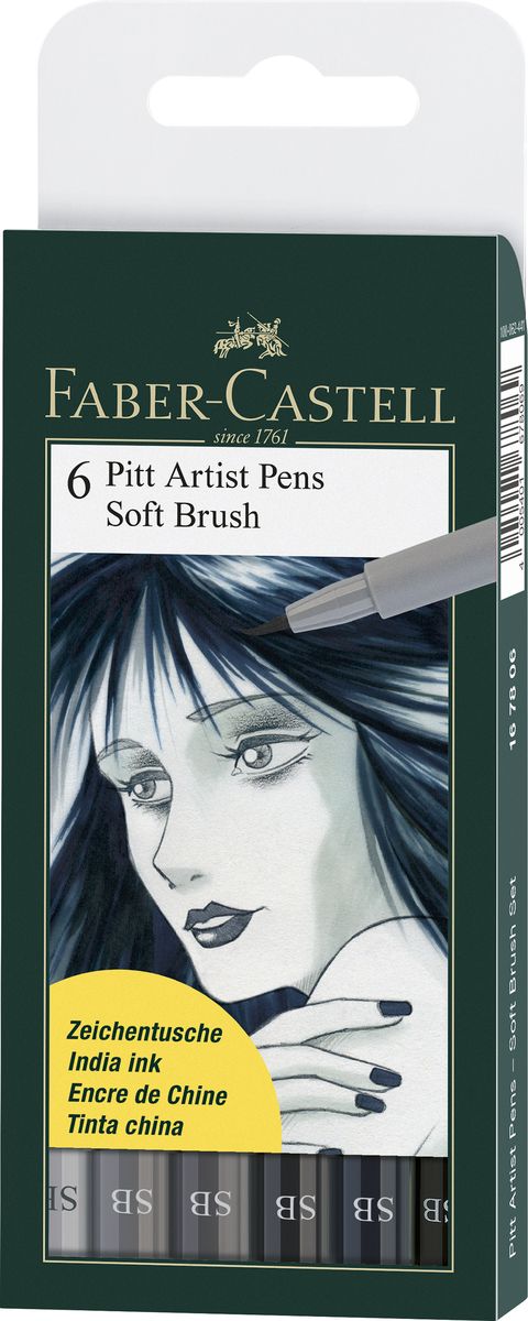 Faber-Castell Капиллярные ручки с кисточкой Pitt Artist Pens Soft Brush 6 цветов167806 Faber-Castell Капиллярные ручки с кисточкой Pitt Artist Pens Soft Brush 6 цветов167806Одноразовые капиллярные ручки с кисточками Faber-Castell Soft Brush станут незаменимым инструментом для начинающих и профессиональных художников. В набор входят 6 ручек монохромных оттенков, от светло-серого до угольно-черного. Заостренные кончики ручек позволяют проводить тончайшие линии. Чернила не выцветают на свету, не стираются и не размываются водой, не имеют неприятного запаха и pH-нейтральны. Набор художественных капиллярных ручек с кисточками - это практичный и современный художественный инструмент, который поможет вам в создании самых выразительных произведений.