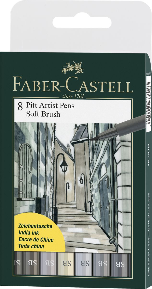 Faber-Castell Капиллярные ручки Pitt Artist Pen Soft Brush 8 шт167808 Faber-Castell Капиллярные ручки Pitt Artist Pen Soft Brush 8 шт167808Набор Faber-Castell Pitt Artist Pen Soft Brush состоит из 8 художественных капиллярных ручек пастельных тонов. Отлично подходит для набросков, рисования и живописи, благодаря специальному наконечнику-кисточке. Такие ручки широко востребованы среди дизайнеров и художников иллюстраторов. Чернила обладают высокой светоустойчивостью и после высыхания не размываются. Специальные чернила не содержат кислот и являются устойчивыми к воздействию солнечных лучей.