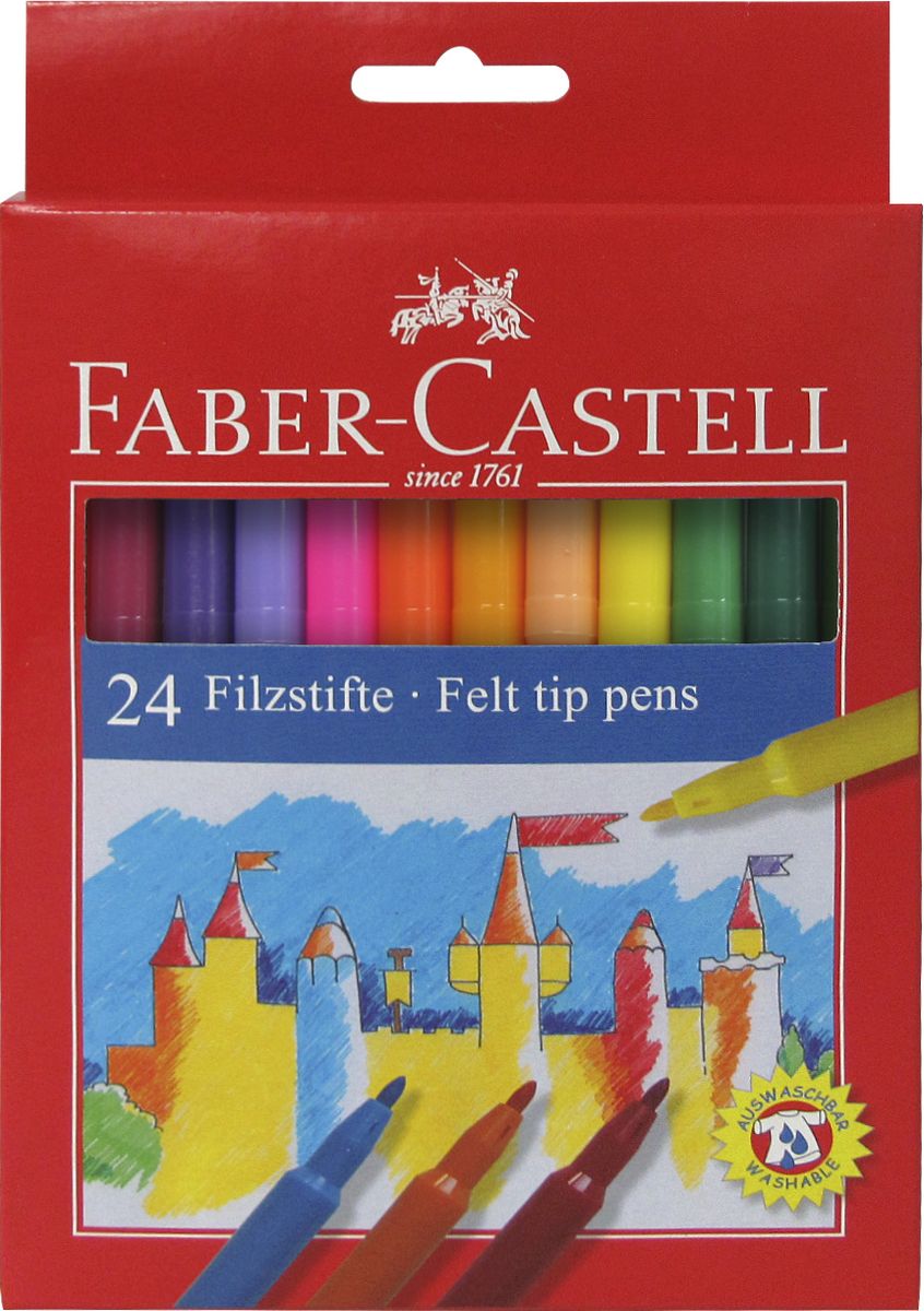 Faber-Castell Фломастеры 24 цвета554224 Faber-Castell Фломастеры 24 цвета554224Фломастеры Faber-Castell помогут маленькому художнику раскрыть свой творческий потенциал, рисовать и раскрашивать яркие картинки, развивая воображение, мелкую моторику и цветовосприятие. В наборе 24 разноцветных фломастера. Корпусы выполнены из пластика. Чернила на водной основе окрашены с использованием пищевых красителей, благодаря чему они полностью безопасны для ребенка и имеют яркие, насыщенные цвета. Если маленький художник запачкался - не беда, ведь фломастеры отстирываются с большинства тканей. Вентилируемый колпачок надолго сохранит яркость цветов.