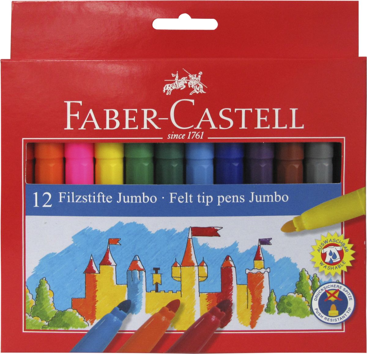 Faber-Castell Фломастеры Jumbo 12 цветов554312 Faber-Castell Фломастеры Jumbo 12 цветов554312Фломастеры Faber-Castell помогут маленькому художнику раскрыть свой творческий потенциал, рисовать и раскрашивать яркие картинки, развивая воображение, мелкую моторику и цветовосприятие. В наборе Faber-Castell Jumbo 12 разноцветных фломастеров. Корпусы выполнены из пластика. Чернила на водной основе окрашены с использованием пищевых красителей, благодаря чему они полностью безопасны для ребенка и имеют яркие, насыщенные цвета. Если маленький художник запачкался - не беда, ведь фломастеры отстирываются с большинства тканей. Вентилируемый колпачок надолго сохранит яркость цветов. Не рекомендуется детям до 3-х лет.