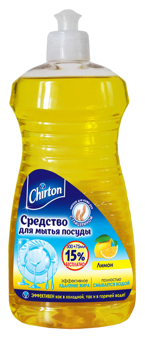 Средство для мытья посуды Chirton Лимон, с глицерином, 575 мл929007 Средство для мытья посуды Chirton Лимон, с глицерином, 575 мл929007Средство для мытья посуды Chirton Лимон быстро и эффективно растворяет жир как в горячей, так и в холодной воде, полностью смывается водой. Средство придает посуде блеск, а также не раздражает кожу рук. Имеет приятный аромат. Состав: вода деионизированная, АПАВ 5-15%, НПАВ менее 5%, ЭДТА, NaCl, глицерин, отдушка, краситель, консервант. Товар сертифицирован.