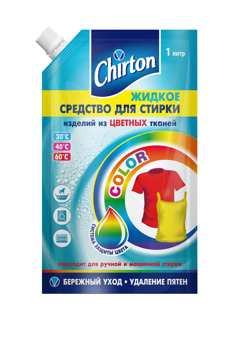 Жидкость для стирки цветных тканей Chirton 1000мл49994 Жидкость для стирки цветных тканей Chirton 1000мл49994Средство Chirton для стирки цветных тканей жидкое предназначено для стирки белья, одежды и других изделий из цветных тканей. Может использоваться как для ручной стирки, так и для стирки в автоматических стиральных машинах. Подходит для любых типов тканей. Придаёт тканям свежий аромат.