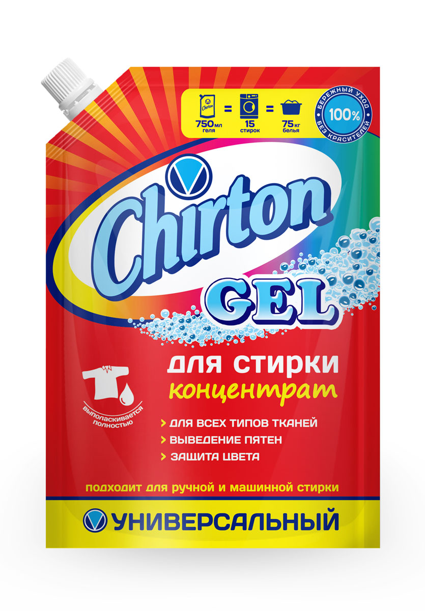 Гель для стирки Chirton концентрированный Универсал 750мл00730 Гель для стирки Chirton концентрированный Универсал 750мл00730Современная упаковка дой-пак делает гели удобными при покупке и надежными в хранении (не рассыпаются, не намокают). Легко и удобно дозируются, экономный расход. Отстирывают самые различные загрязнения. Бережно воздействуют на ткани. Хорошо растворяются в воде, легко выполаскиваются. Подходят для ручной и машинной стирки.