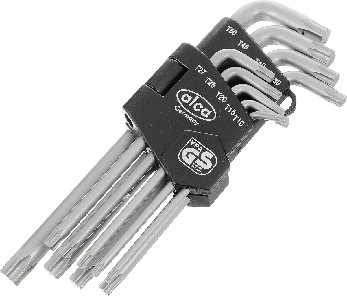Набор ключей-звездочек Alca High Power, шлиц вида Torx, 9 шт446000 Набор ключей-звездочек Alca High Power, шлиц вида Torx, 9 шт446000Набор ключей-звездочек Alca High Power со шлицем Torx выполнен из высококачественной хром-ванадиевой стали. Изделия размещены для удобства в специальном пластиковом держателе. В набор входят ключи: Т10, Т15, Т20, Т25, Т27, Т30, Т40, Т45, Т50.