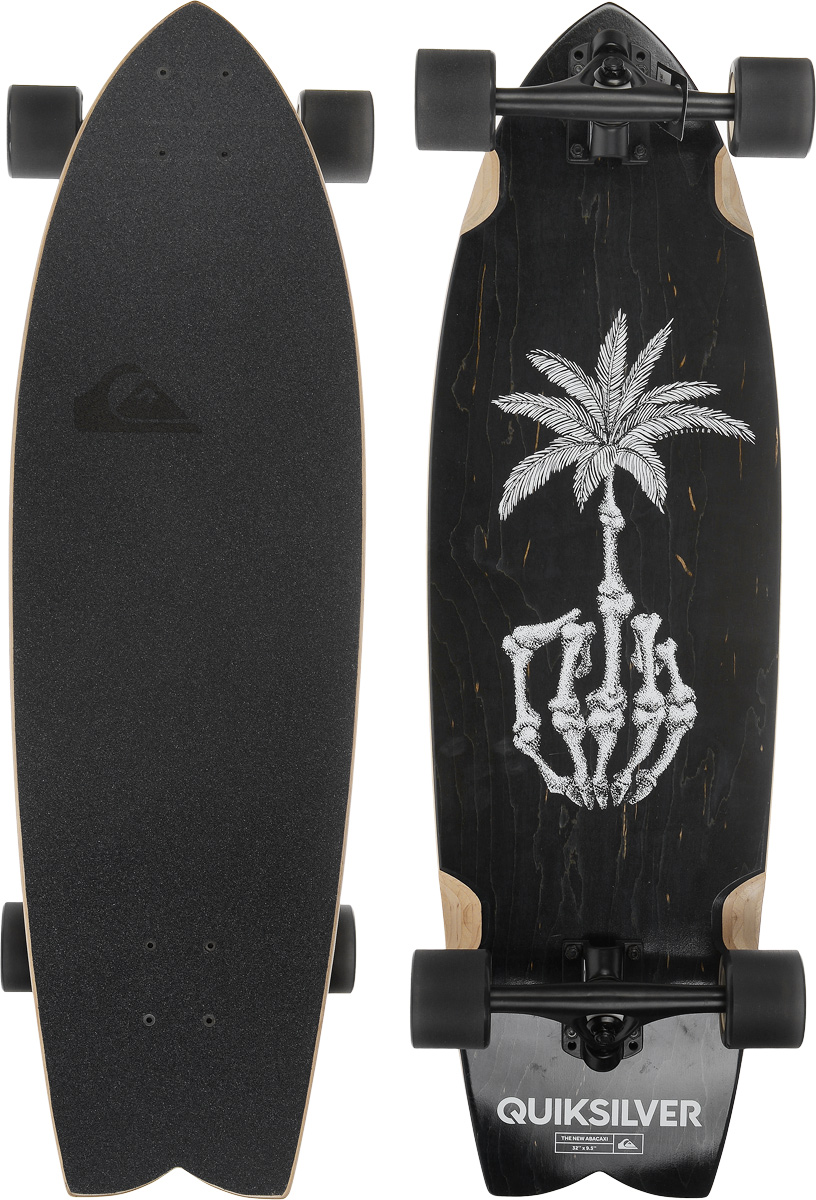 Лонгборд Quiksilver Abacaxi, дека 81 х 24 смQSLSABX-NEW Лонгборд Quiksilver Abacaxi, дека 81 х 24 смQSLSABX-NEWЛонгборд Quiksilver Abacaxi оснащен декой, выполненной из канадского клена. Сверху дека покрыта зернистым материалом для лучшей устойчивости на доске. Доска высокая - для хорошей скорости и плавной езды. Прочные подшипники обеспечивают низкий уровень шума и меньшую вибрацию. Верхняя часть доски оформлена названием торговой марки Quiksilver. Нижняя часть декорирована изображением пальмы и руки скелета. Металлическая рама обеспечивает надежность и долговечность. Лонгборд - это отдельная ветка развития скейтборда, акцентом которой является скорость, устойчивость, улучшенные ходовые качества доски, в отличие от классического скейтборда, задачей которого является агрессивное, трюковое катание, прыжки с различными комбинациями вращений доски или райдера. Из особенностей лонгборда можно отметить удлиненную колесную базу и деку, более мягкие и увеличенные колеса. Подобная конструкция лонгборда позволяет райдеру развивать большие скорости, чувствовать себя на доске более...