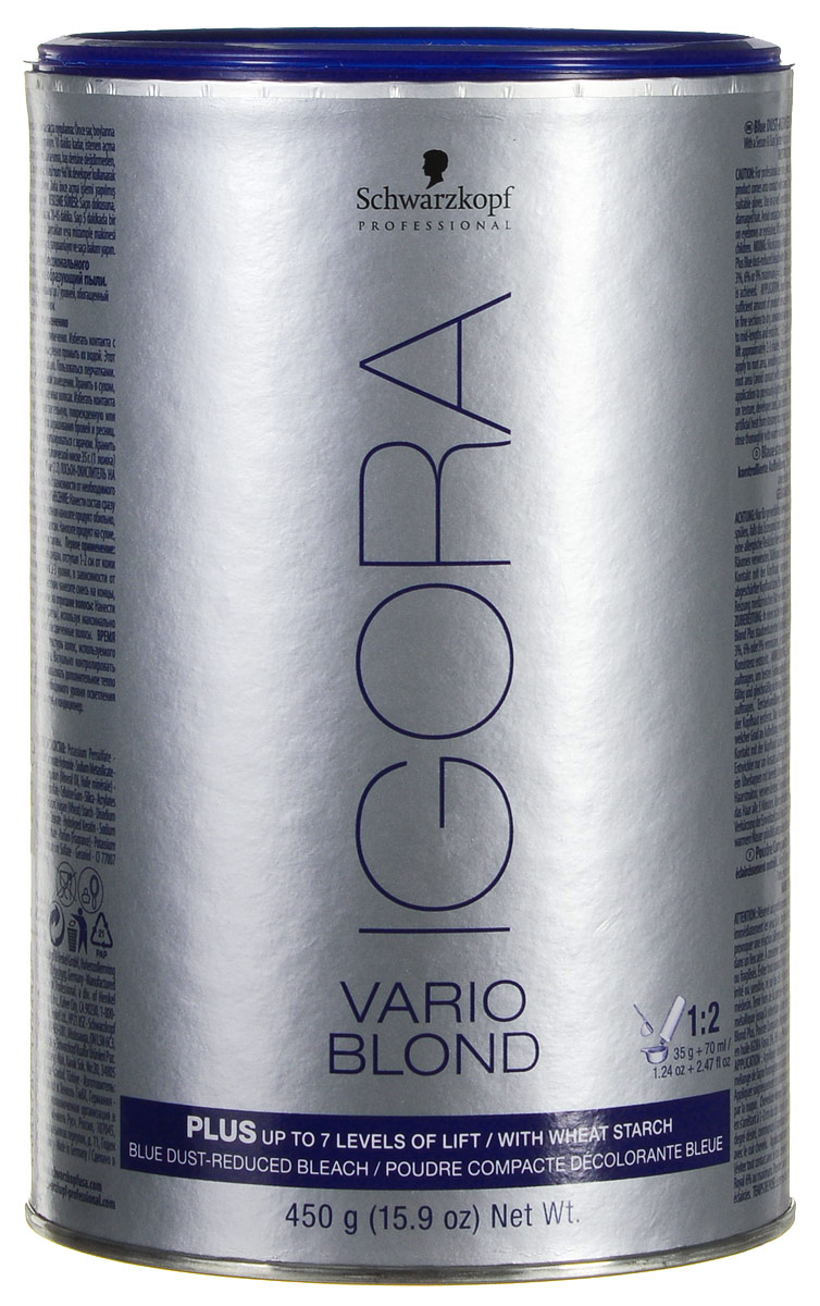 Igora Vario Blond Plus Осветляющий порошок 450 мл7135442 Igora Vario Blond Plus Осветляющий порошок 450 мл7135442Осветляющий порошок для интенсивного осветления и обесцвечивания волос. Используется для всех видов осветления - т обесцвечивания корней до полного обесцвечивания волос, а также для всех техник классического и креативного мелирования. При грамотном применении обеспечивает надежное осветление даже на темных волосах. Возможно осветление до 6-7 уровней. Обладает приятным запахом, не образует пыли и комков при смешивании с Igora Royal Colorists Color & Care Developer (3%, 6% и 9%)