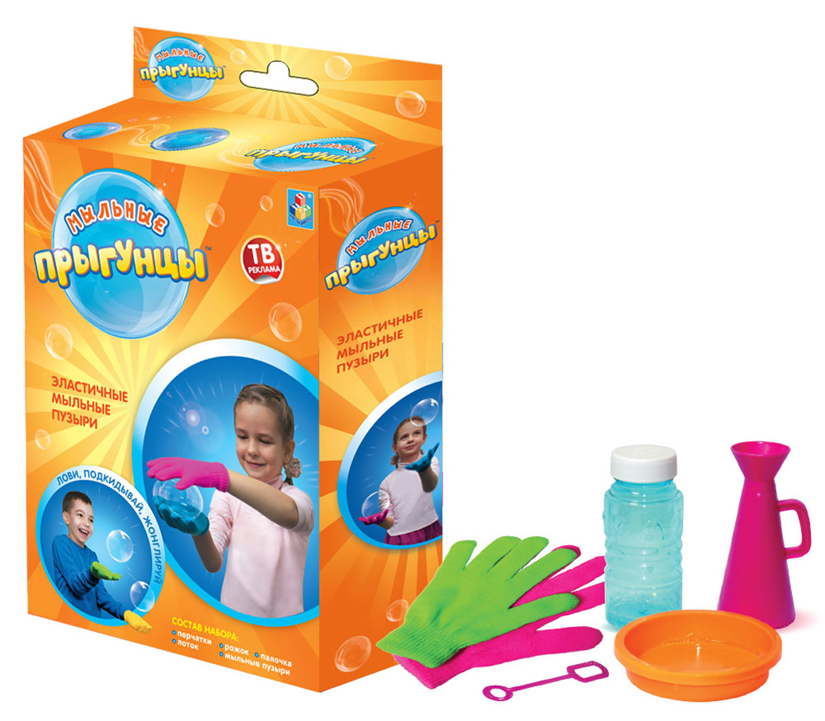 1TOY Мыльные пузыри Прыгунцы в коробке 80 млТ58674 1TOY Мыльные пузыри Прыгунцы в коробке 80 млТ58674Мыльные Прыгунцы - эластичные пузыри, с которыми весело играть, ловить, подкидывать и жонглировать! Благодаря волшебной мыльной жидкости и перчаткам мыльные пузыри не лопаются в руке. Подкидывайте пузырь, жонглируйте, удивляйте друзей! Играть Мыльными Прыгунцами можно как дома, так и на улице в безветренную погоду!