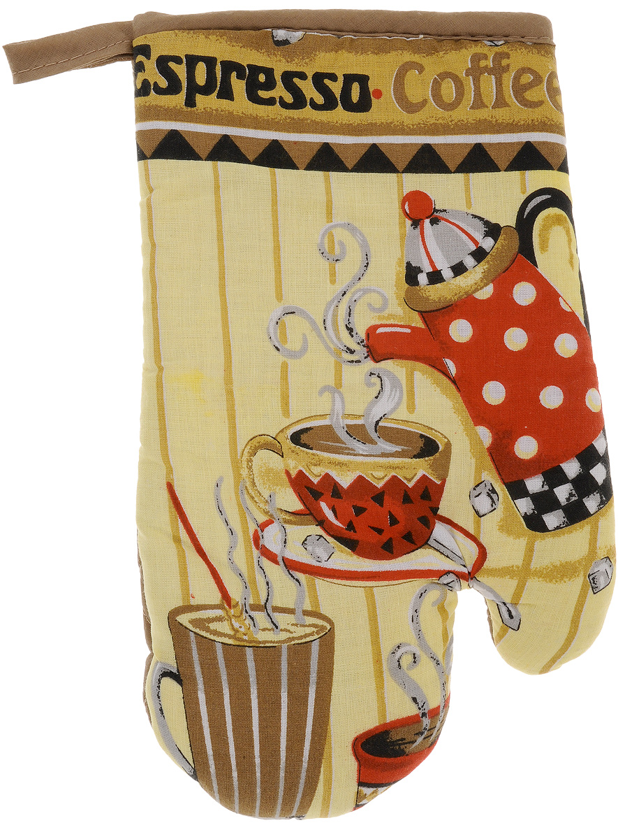 Варежка-прихватка Home Queen Espresso, 17 х 27 см57377_экспрес кофе, коричневый, желтый Варежка-прихватка Home Queen Espresso, 17 х 27 см57377_экспрес кофе, коричневый, желтыйВарежка-прихватка Home Queen Espresso - незаменимый помощник на любой кухне. Варежка выполнена из натурального 100% хлопка и оформлена красивым рисунком. Задняя сторона простегана, что позволяет наполнителю не скатываться со временем. Варежка мягкая, удобная и практичная. С ее помощью можно доставать горячие противни из духовки, она защитит ваши руки и предотвратит появление ожогов. Красочный дизайн позволит красиво дополнить интерьер кухни. С помощью петельки варежку можно подвесить на крючок.