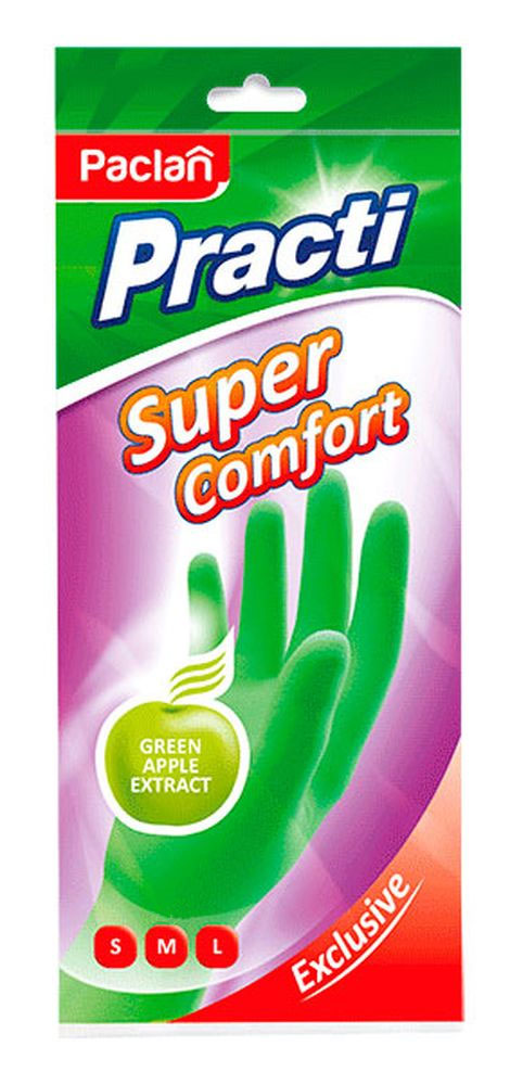 Пара резиновых перчаток Paclan Practi Super Comfort, цвет: зеленый. Размер S407150 Пара резиновых перчаток Paclan Practi Super Comfort, цвет: зеленый. Размер S407150Предназначены для защиты кожи рук при проведении хозяйственных работ. Эластичные, анатомической формы, с рельефной поверхностью, удлиненным манжетом, с хлопковым напылением внутри и ароматом зеленого яблока.