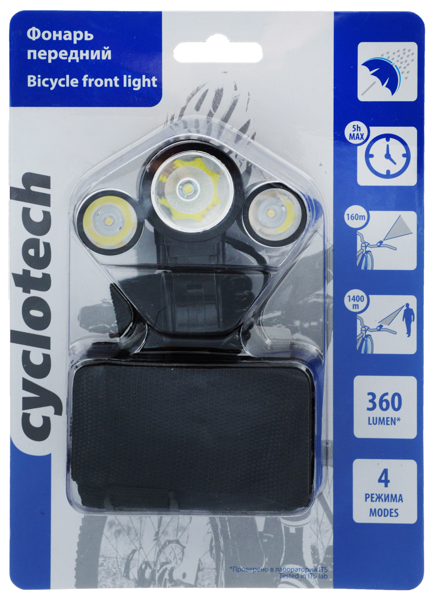 Фонарь велосипедный Cyclotech, передний. CFL-0CFL-0 Фонарь велосипедный Cyclotech, передний. CFL-0CFL-0Велосипедный фонарь Cyclotech, оснащенный выносным аккумулятором и зарядным устройством, имеет 3 светодиода, которые обеспечивают широкий и яркий пучок света. Изделие имеет 4 режима свечения. Максимальное время работы: 5 часов. Время зарядки батареи: 9 ч. Максимальная дальность свечения: 160 м. Максимальная видимость: 1400 м.