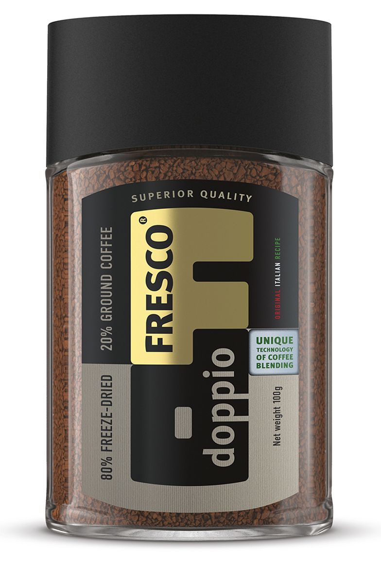 Fresco Doppio кофе растворимый, 100 г8051070320415 Fresco Doppio кофе растворимый, 100 г8051070320415Кофе Fresco Doppio создан по уникальной технологии производства растворимого кофе высшего качества, при которой молотый жареный кофе арабика премиум становится неотъемлемой частью каждого кристалла сублимированного кофе. Насыщенный плотный вкус и неповторимый стойкий аромат свежезаваренного кофе – уникальная особенность этого напитка.
