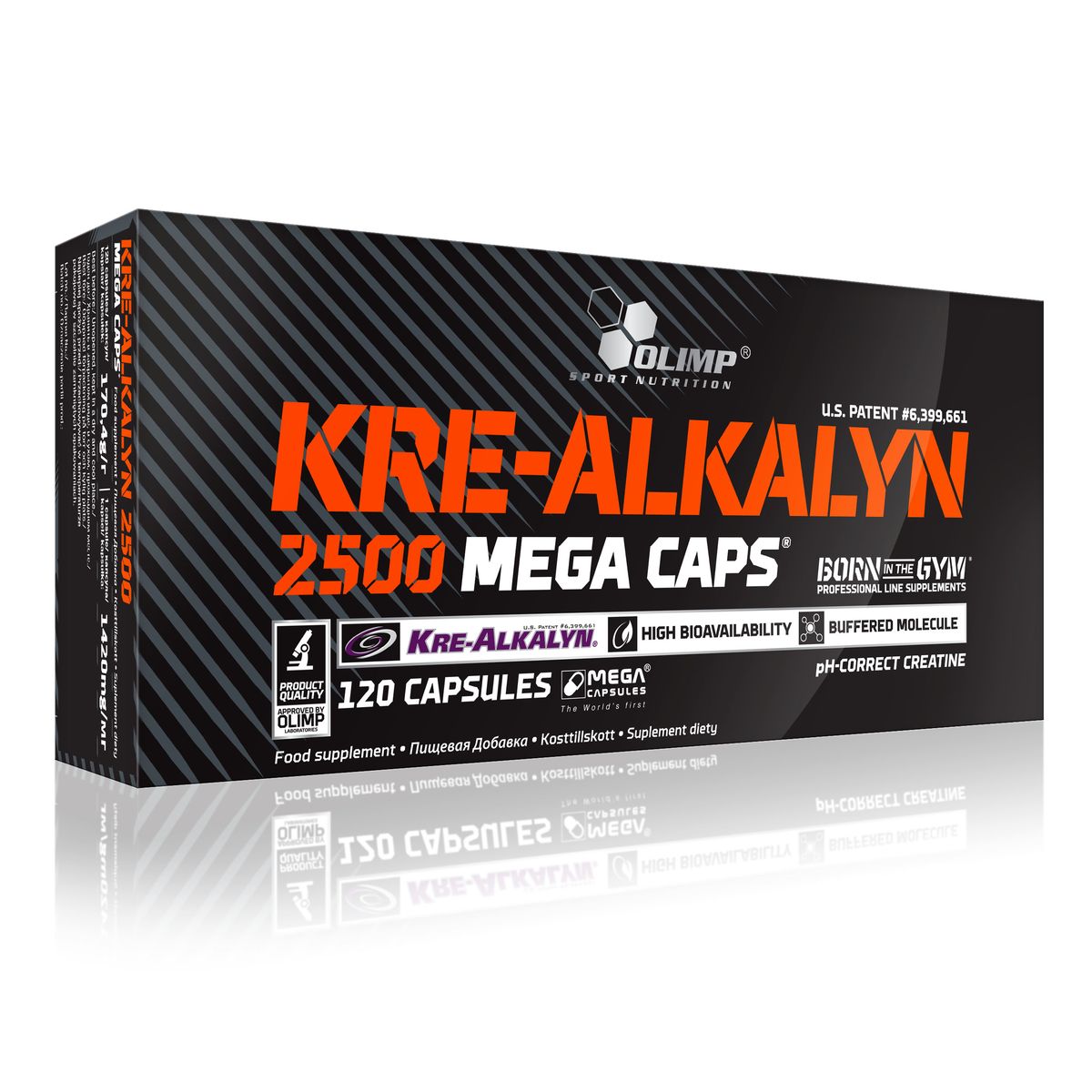 OLIMP Kre-Alkalyn 2500 Mega Caps 120capsO03622 OLIMP Kre-Alkalyn 2500 Mega Caps 120capsO03622Kre-Alkalyn - это буферный креатин обладающий намного более мощным воздействием на мышечный потенциал, чем обычный моногидрат креатина, но при этом не имеющий никаких побочных эффектов, которые испытывают люди после применения моногидрата креатина. Это 100% стабильный креатин преодолевающий желудочный барьер и попадающий напрямую в мышцы, он не превращается в организме человека в побочный продукт и не перегружает печень. Это означает, что креатин усваивается более эффективно и его нужно намного меньше чем моногидрата креатина. Рекомендации по применению: 1-2 капсулы утром и 1-2 капсулы перед тренировкой, в не тренировочные дни принимать по 1-2 капсулы перед завтраком.