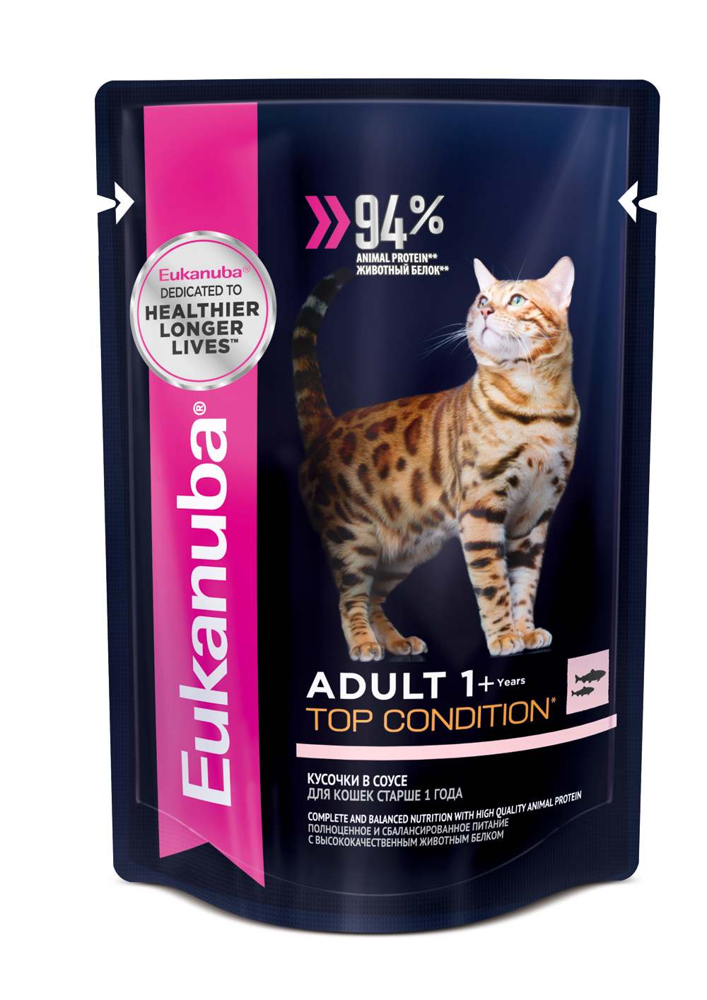 Корм консервированный для взрослых кошек Eukanuba EUK Cat. Паучи, с лососем, в соусе, 85 г10150848 Корм консервированный для взрослых кошек Eukanuba EUK Cat. Паучи, с лососем, в соусе, 85 г10150848Полноценное и сбалансированное питание для взрослых кошек старше 1 года с высококачественным животным белком для поддержания здоровья кошки по шести ключевым признакам. 1. ПОДЕРЖАНИЕ ИММУНИТЕТА Способствует поддержанию иммунной системы за счет антиоксидантов. 2. ОПТИМАЛЬНОЕ ПИЩЕВАРЕНИЕ Способствует поддержанию здоровой кишечной микрофлоры за счет пребиотиков и клетчатки. 3. КОНТРОЛИРУЕМЫЙ pH МОЧИ Помогает контролировать pH мочи в пределах рекомендуемой нормы. 4. КРЕПКИЕ МЫШЦЫ Белки животного происхождения способствуют росту и сохранению мышечной массы. 5. КОЖА И ШЕРСТЬ Поддерживает здоровье кожи и шерсти при помощи оптимального соотношения ?-6 и ?-3 жирных кислот, эффективность которых доказана клинически. 6. ЗДОРОВЬЕ СЕРДЦА Содержит натуральный источник таурина для поддержания здоровья сердца. Нутриент Кол-во ...