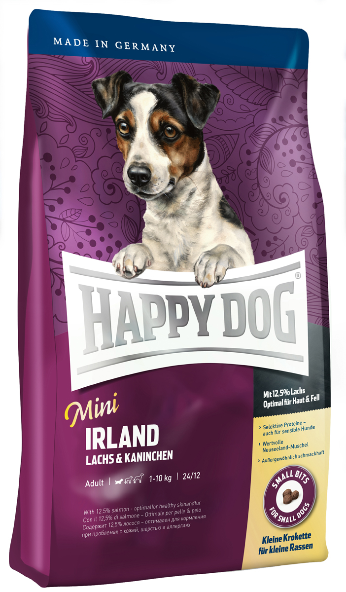 Happy Dog Mini Сухой корм для собак Ирландия Supreme Sensible, 4 кг60111 Happy Dog Mini Сухой корм для собак Ирландия Supreme Sensible, 4 кг60111Всем лакомкам маленького размера, которые любят нестандартный корм, очень чувствительны или разборчивы в еде, Happy Dog предлагает уникальную возможность: необыкновенно вкусный полнорационный корм класса супер-премиум Mini Irland, содержащий благородное мясо лосося и вкусную крольчатину. Благодаря тщательно отобранным компонентам (без белка из мяса ягненка и птицы, без риса, сои и пшеницы), особо бережной технологии приготовления и оптимизированному уровню белков и калорий корм Happy Dog Mini Irland отлично подходит также для целенаправленного кормления чувствительных собак мелких пород с их специфическими потребностями. Очень маленькие крокеты идеально соответствуют форме челюстей мелких собак. Эта эксклюзивная рецептура дополняется уникальной формулой Natural Life Concept с натуральными составляющими.