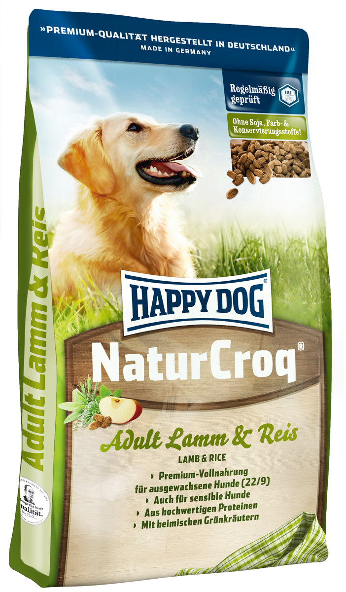 Корм сухой Happy Dog Natur Croq для взрослых собак, с ягненком и рисом, 4 кг2372 Корм сухой Happy Dog Natur Croq для взрослых собак, с ягненком и рисом, 4 кг2372Happy Dog Natur Croq - легко усваиваемый полнорационный корм класса премиум. Корм оптимально подходит для взрослых собак всех пород с нормальной потребностью в энергии. Хрустящие гранулы содержат качественные ингредиенты: ягненок, рис, полезную цельнозерновую смесь, ценные травы, а также все витамины и минеральные вещества, необходимые для сбалансированного питания вашей собаки. Сбалансированный полнорационный корм, содержащий все нужные питательные вещества. Не содержит красителей, консервантов и сои. Легко усваивается благодаря высокому качеству. Состав: птица, цельные зерна пшеницы, цельные зерна кукурузы, пшеничная мука, кукурузная мука, цельные зерна ячменя, ягненок (7%), рисовая мука (7%), рыба, птичий жир, говяжий жир, гидролизат печени, свекольная пульпа, масло из семян подсолнечника (0,8%), яблочная пульпа (0,8%), дрожжи сухие, ростки солода, рапсовое масло (0,2%), хлорид натрия, овес сушеный, подсолнечник сушеный, листья...