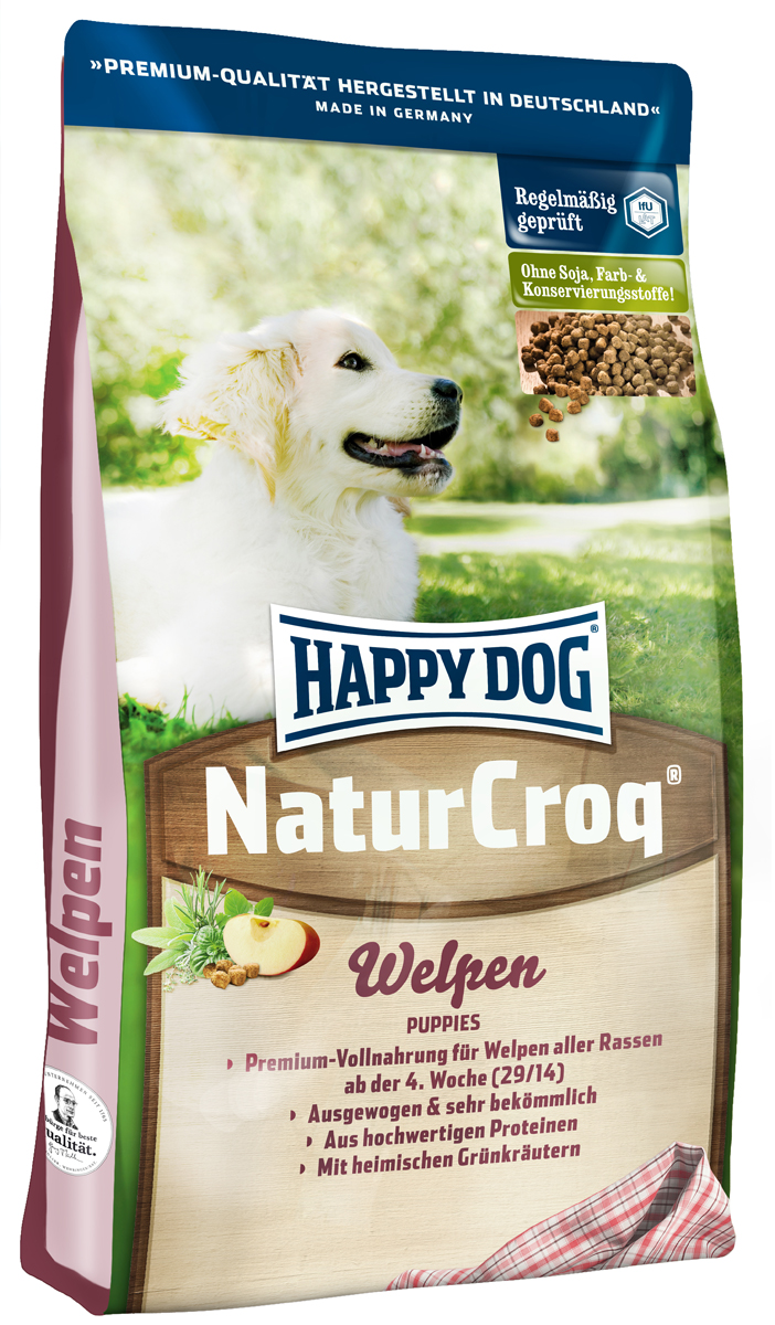 Корм сухой Happy Dog Natur Croq. Welpen для щенков, 4 кг2384 Корм сухой Happy Dog Natur Croq. Welpen для щенков, 4 кг2384Сухой корм Happy Dog Natur Croq. Welpen разработан специально для щенков в возрасте от 4 недель до 6 месяцев с учетом их особенных потребностей в питании. Ценные белки животного происхождения, легко усваивающиеся злаки, все необходимые витамины, минеральные вещества и микроэлементы создают наилучшие условия для роста вашей собаки. Состав: птица, пшеничная мука, кукурузная мука, мясопродукты, рисовая мука, цельнозерновая кукуруза, птичий жир, говяжий жир, рыба, гидролизат печени, свекольная пульпа, мясная мука, яблочная пульпа (0,8%), дрожжи, ростки солода, хлорид натрия, овес, подсолнечник, листья салата, петрушка, (общий объем трав: 0,3%). Аналитический состав: сырой протеин 29%, сырой жир 14%, сырая клетчатка 3%, сырая зола 7%, кальций 1,25%, фосфор 0,85%, натрий 0,25%, калий 0,45%. Витамин А 10250 I.E., витамин D3 1000 I.E., железо 75 мг, медь 4 мг, цинк 6 мг, марганец 3 мг, йод 350 мг, селен. Антиоксиданты 10 мг,...