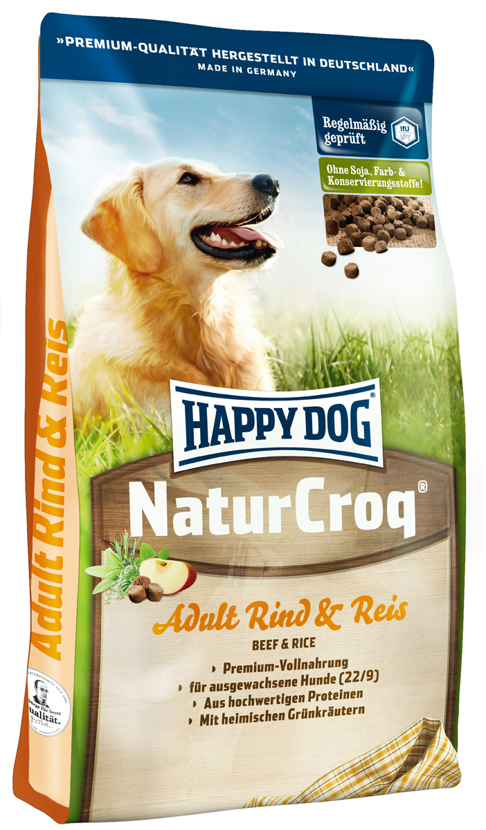 Корм сухой Happy Dog Natur Croq для взрослых собак, с говядиной и рисом, 15 кг2445 Корм сухой Happy Dog Natur Croq для взрослых собак, с говядиной и рисом, 15 кг2445Happy Dog Natur Croq - легко усваиваемый полнорационный корм класса премиум. Корм оптимально подходит для взрослых собак всех пород с нормальной потребностью в энергии. Хрустящие гранулы содержат качественные ингредиенты: говядину, рис, полезную цельнозерновую смесь, ценные травы, а также все витамины и минеральные вещества, необходимые для сбалансированного питания вашей собаки. Сбалансированный полнорационный корм, содержащий все нужные питательные вещества. Не содержит красителей, консервантов и сои. Легко усваивается благодаря высокому качеству. Состав: мясопродукты (12%, в том числе говядина 70%), цельные зерна пшеницы, цельные зерна кукурузы, пшеничная мука, цельные зерна ячменя, рисовая мука (7%), кукурузная мука, птичий жир, говяжий жир, птица, рыба, гемоглобин, гидролизат печени, свекольная пульпа, яблочная пульпа (0,8%), дрожжи сухие, ростки солода, хлорид натрия, овес сушеный, подсолнечник сушеный, листья салата сушеные, ...