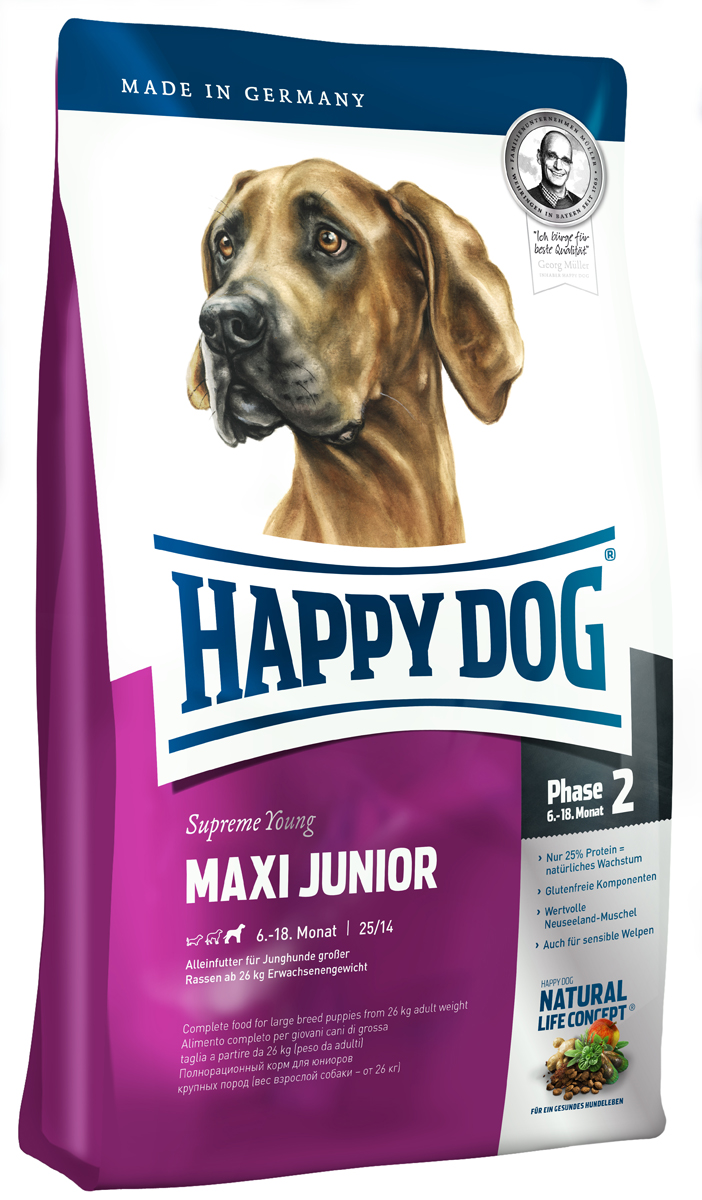 Корм сухой Happy Dog Junior для щенков крупных пород, с 6 до 18 месяцев, 15 кг3429 Корм сухой Happy Dog Junior для щенков крупных пород, с 6 до 18 месяцев, 15 кг3429Happy Dog Junior - полнорациональный корм для щенков крупных пород. Слишком быстрый рост - часто наблюдаемая проблема молодых собак крупных пород. Одобренная ветеринарными врачами рецептура корма со сниженным содержанием протеина - всего 25% предотвращает избыточное кормление юниоров во второй фазе роста. Корм содержит мясо птицы, лосося, а также ценного новозеландского моллюска. Этот сухой корм оптимально подходит для беспроблемного и щадящего кормления юниоров крупных пород (вес взрослой собаки 26 кг), в том числе чувствительных к кормам, с 6 месяца (после окончания смены зубов). Состав: птица (23%), кукурузная мука, кукуруза, рисовая мука, птичий жир, лосось (5%), картофель, клетчатка, свекольная пульпа, масло из семян подсолнечника, яблочная пульпа, сухое цельное яйцо, хлорид натрия, дрожжи, хлорид калия, рапсовое масло, морские водоросли (0,15%), льняное семя (0,15%), дрожжи (экстрагированные), расторопша, артишок, одуванчик,...