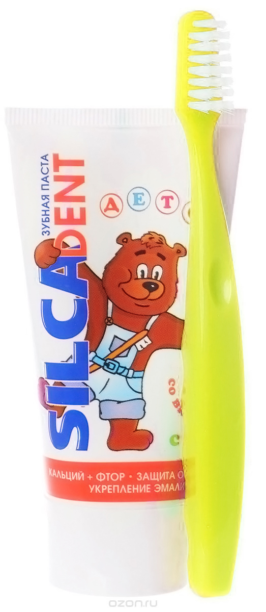 Silca Dent Детская зубная паста со вкусом колы и с зубной щеткой цвет желтый600033 Silca Dent Детская зубная паста со вкусом колы и с зубной щеткой цвет желтый600033Детская зубная паста Silca Dent со вкусом колы эффективно удаляет зубной налет, являющийся главной причиной возникновения кариеса. Надолго освежает, оставляя приятное послевкусие. Содержит комплекс фтора и кальция, способствующий укреплению эмали. Рекомендуется детям старше 6 лет. В комплекте с пастой идет детская зубная щетка с мягкой щетиной и ребристой ручкой.