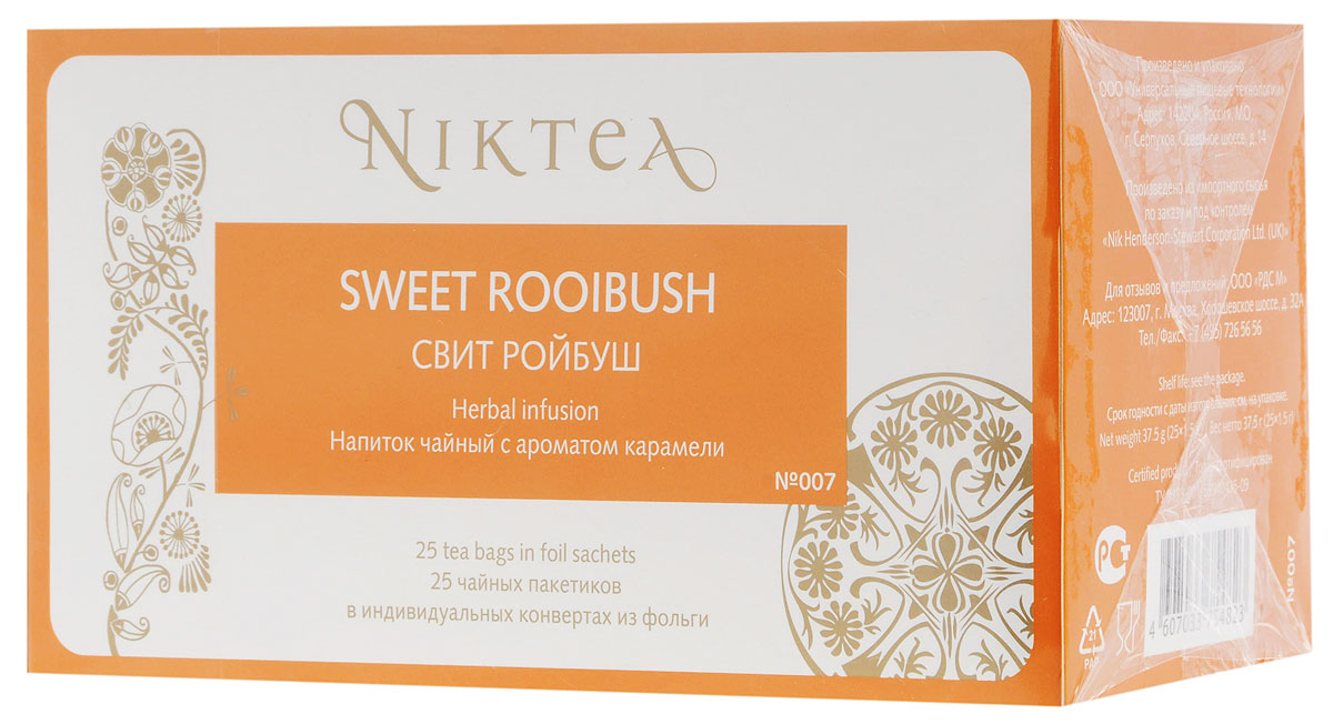 Niktea Sweet Rooibush чай травяной в пакетиках, 25 штTALTHA-BP0014 Niktea Sweet Rooibush чай травяной в пакетиках, 25 штTALTHA-BP0014Niktea Sweet Rooibush - бархатистый вечерний напиток с ароматом нежнейший карамели. Идеально сочетается с десертами. NikTea следует правилу качество чая - это отражение качества жизни и гарантирует: Тщательно подобранные рецептуры в коллекции топовых позиций-бестселлеров. Контролируемое производство и сертификацию по международным стандартам. Закупку сырья у надежных поставщиков в главных чаеводческих районах, а также в основных центрах тимэйкерской традиции - Германии и Голландии. Постоянство качества по строго утвержденным стандартам. NikTea - это два вида фасовки - линейки листового и пакетированного чая в удобной технологичной и информативной упаковке. Чай обладает многофункциональным вкусоароматическим профилем и подходит для любого типа кухни, при этом постоянно осуществляет оптимизацию базовой коллекции в соответствии с новыми тенденциями чайного рынка. Фильтр-бумага для пакетированного чая NikTea...