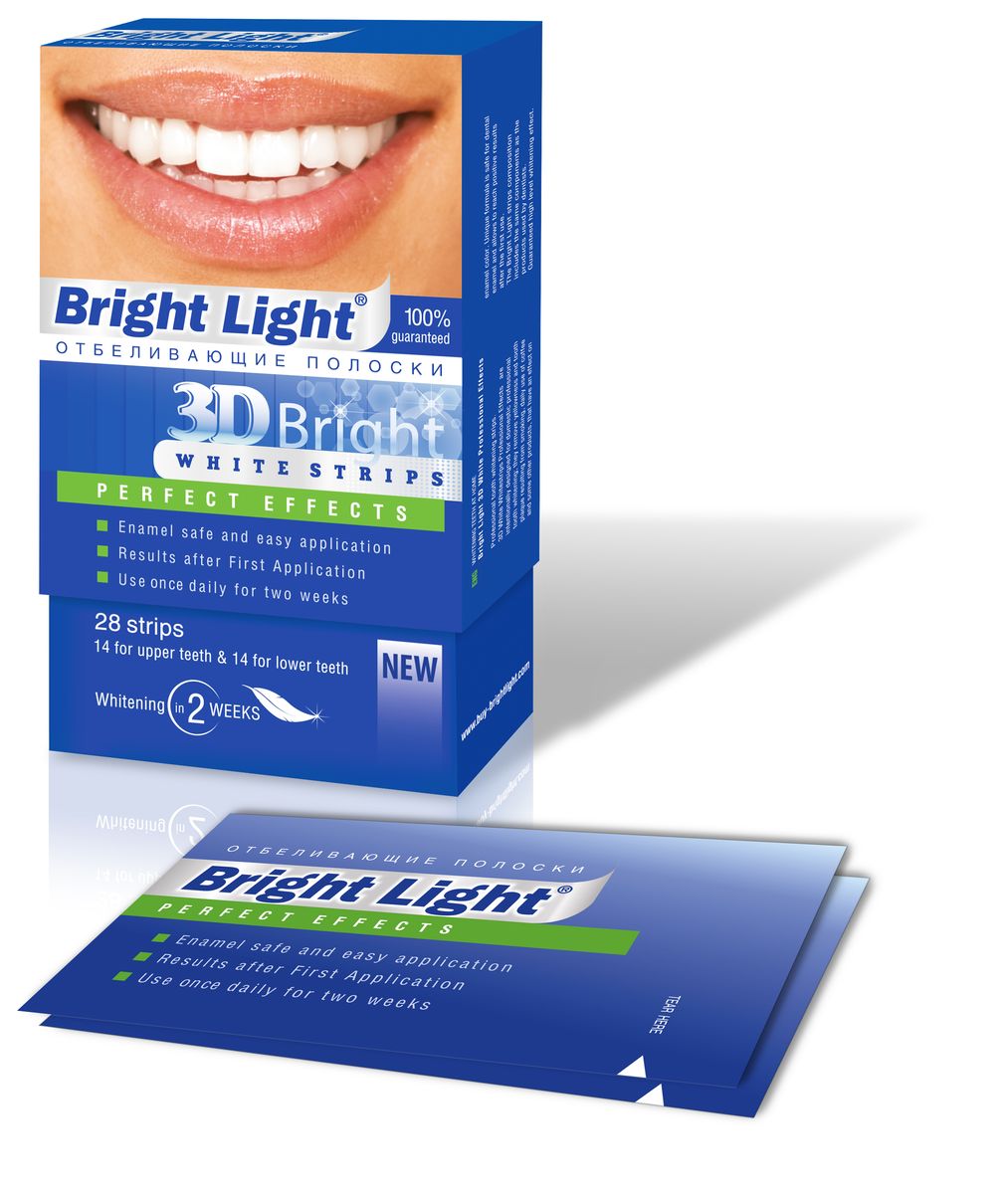 Отбеливающие полоски для зубов Bright Light 3D Bright Perfect Effects, для чувствительных зубовPro-2 Отбеливающие полоски для зубов Bright Light 3D Bright Perfect Effects, для чувствительных зубовPro-2Отбеливающие полоски Bright Light 3D Bright PERFECT EFFECTS -для отбеливания зубов с повышенной чувствительностью в домашних условиях, удаляют желтизну и зубной налет, образующийся от курения, частого употребления кофе и других продуктов, влияющих на цвет эмали. Эффект высокого уровня отбеливания гарантирован! Bright Light идеально точно повторяют уникальную форму ваших зубов, обеспечивая надёжный контакт отбеливающего состава с их поверхностью. Отбеливающие полоки Bright Light эффективно работают над белоснежностью вашей улыбки. Гель воздействует на эмаль очень бережно и деликатно. Постепенно исчезают серый и желтый налет, пятна, зубы обретают здоровую белизну.
