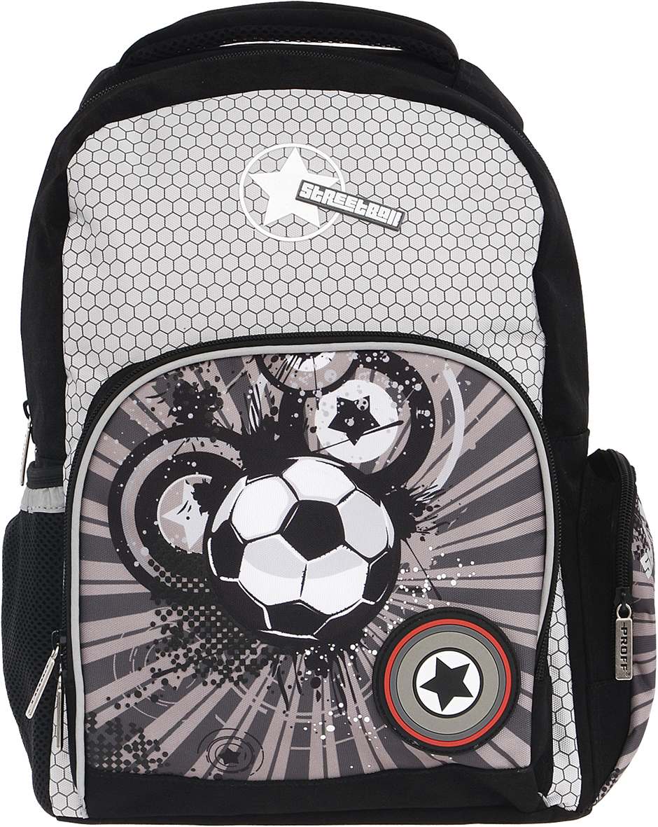 Proff Рюкзак детский Street BallSP16-BP-20-01 Proff Рюкзак детский Street BallSP16-BP-20-01Детский рюкзак Proff Street Ball предназначен для хранения и транспортировки личных вещей. Рюкзак выполнен из полиэстера, уплотнители - из поролона, элементы отделки - из пластика, металла, ПВХ. Рюкзак состоит из одного вместительного отделения, закрывающегося на застежку-молнию. Внутри отделения находятся два разделителя для учебников и тетрадей, которые фиксируются хлястиком на липучку. На лицевой стороне расположен накладной карман на молнии, внутри которого находятся четыре небольших открытых кармашка и лента с карабином для ключей. Рюкзак оснащен двумя накладными боковыми карманами - один на застежке-молнии, другой на резинке. Конструкция спинки дополнена противоскользящей сеточкой для предотвращения запотевания спины. Мягкие широкие лямки позволяют легко и быстро отрегулировать рюкзак в соответствии с ростом. Анатомическая форма лямок обеспечивает более плотную фиксацию рюкзака, предотвращая перенапряжение мышц спины. Рюкзак оснащен удобной...