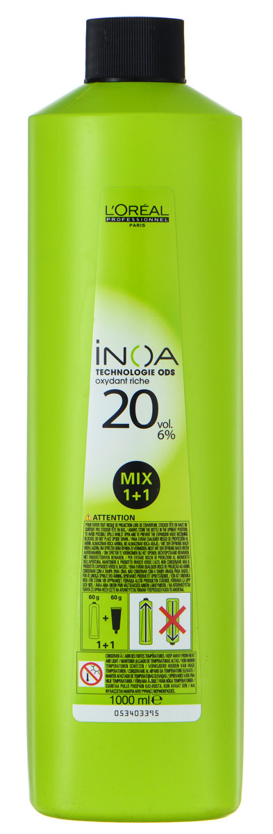 LOreal Professionnel Оксидент обогащенный 6% 20% vol Inoa ODS, 1000 млE0395401 LOreal Professionnel Оксидент обогащенный 6% 20% vol Inoa ODS, 1000 млE0395401Уникальная формула Oreal Professionnel Inoa ODS (дословно доставка красителя маслом) представляет собой долгожданные красители без аммиака. Только в этой формуле присутствует специальное масло, которое быстрее питает волосы. Еще одним преимуществом данного оксидента является обогащенность 3%, которая гарантирует на 50% большее количество блеска, чем у любых других средств. Тем, кто использует Oreal Professionnel Inoa ODS следует знать, что также это минимум шесть недель идеально насыщенного цвета и оптимального увлажнения волос. Максимальное скрытие седины до 100% и богатая цветовая гамма более 50 оттенков.