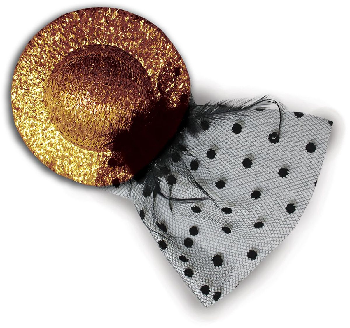 Partymania Мини-шляпка с вуалью 10 см T1227 цвет золотаяT1227_золотая Partymania Мини-шляпка с вуалью 10 см T1227 цвет золотаяT1227_золотаяОригинальная шляпка на заколках-зажимах удобна в применении и станет прекрасным дополнением Вашего образа на любом празднике. Цвета: золотой, серебряный, красный, черный. Диаметр: 10 см.