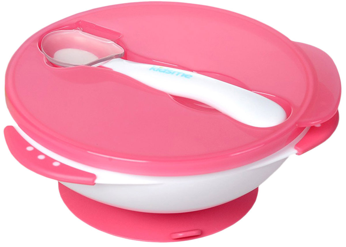Kidsme Тарелка детская с ложкой цвет белый розовый9832LA Kidsme Тарелка детская с ложкой цвет белый розовый9832LAДетская тарелка Kidsme на присоске не скользит по столу, а еда не капает и не разливается. В комплект входит ложка. Цветной ободок ложки - индикатор, который позволяет легко определить, когда пища будет иметь безопасную температуру. Помешайте пищу ложкой в течение 10-15 секунд. Цветной ободок потускнеет если температура пищи выше 40 °C. Также в комплект входит крышка со специальным клапаном для хранения ложки. Тарелка Kidsme удобна в использовании дома и в дороге.