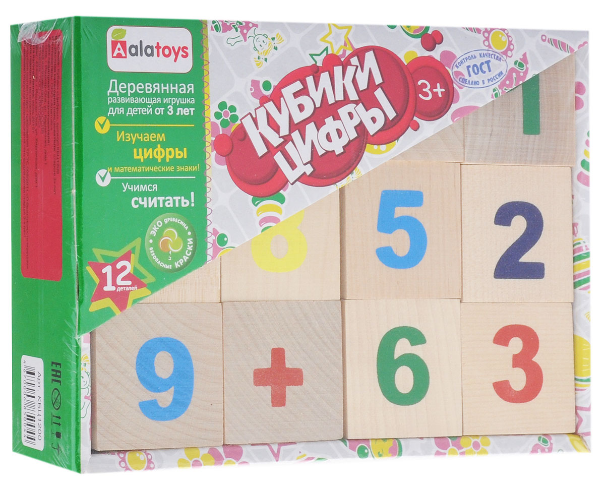 Alatoys Кубики Цифры 12 штКБЦ1200 Alatoys Кубики Цифры 12 штКБЦ1200Кубики Alatoys Цифры предназначены для детей в возрасте от 3 лет, т.к. с этого возраста у ребенка развивается абстрактное мышление, а именно оно помогает понять принципы счета. Здоровье ребенка: Качественный и экологически чистый материал, из которого сделаны кубики, обеспечит безопасность здоровья ребенка. Древесина березы принесет только пользу, ведь натуральные материалы издревле считаются самыми подходящими для изготовления детских игрушек. Развитие ребенка: В процессе игры с кубиками у ребенка развиваются: Логическое мышление; Память; Мелкая моторика рук; Начальные навыки счета; Наглядно-образное мышление; Внимание. Цифры и математические символы на кубиках яркие, это будет привлекать внимание малыша, и в игровой форме ему легко удастся запомнить цифры и изучить цвета. Надежность игрушки: Кубики, несомненно, долговечны, т.к. они сделаны из прочного и надежного материала, и...