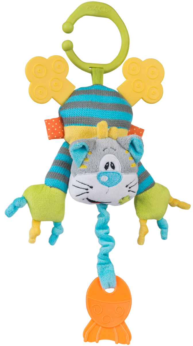 BabyOno Игрушка-подвеска Котик1398 BabyOno Игрушка-подвеска Котик1398Игрушка-подвеска BabyOno Котик, несомненно, придется по душе вашему малышу. Игрушка выполнена из текстильных материалов в виде очаровательного котенка. Внутри туловища игрушки расположен колокольчик, звенящий при тряске, а в лапках - шуршащий элемент и пищалка. Задние лапки могут использоваться как прорезыватель. К голове котика крепится веревочка, потянув за которую игрушка начнет вибрировать до тех пор, пока веревочка не вернется в исходное положение. С помощью незамкнутого пластикового кольца игрушку легко можно прикрепить к детской кроватке, коляске или автомобильному креслу. Игрушка-подвеска BabyOno Котик поможет развить у малыша мелкую моторику рук, звуковое и зрительное восприятия, тактильные ощущения, координацию движений, а милый жизнерадостный образ подарит малышу хорошее настроение! Товар сертифицирован.