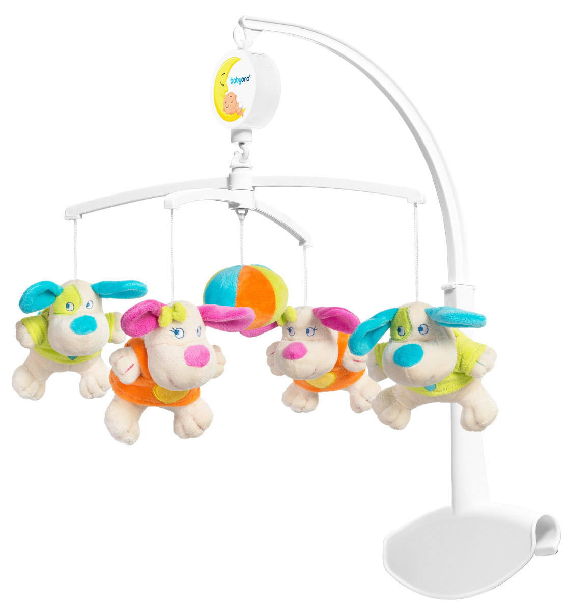 BabyOno Музыкальная карусель Команда собачек1373 BabyOno Музыкальная карусель Команда собачек1373Музыкальная карусель Команда собачек поможет малышу успокоиться и настроиться на сон. Забавные собачки плавно вращаются по кругу в сопровождении мягкой спокойной музыки, привлекая внимание малыша и успокаивая его. Карусель выполнена из безопасных для здоровья малыша материалов. Особенности: Весёлые фигурки привлекают внимание и повышают настроение; Карусель даёт возможность наблюдать за равномерным движением предметов, развивая зрительные способности; Стимулирует слух и воображение ребёнка; Успокаивающий звук мелодии способствует засыпанию; Простая конструкция и простая установка. Игрушка работает без батареек. Для начала вращения карусели необходимо завести механизм с помощью встроенного ключа. Имеется выключатель, блокирующий работу механизма даже при полностью заведенной пружине.