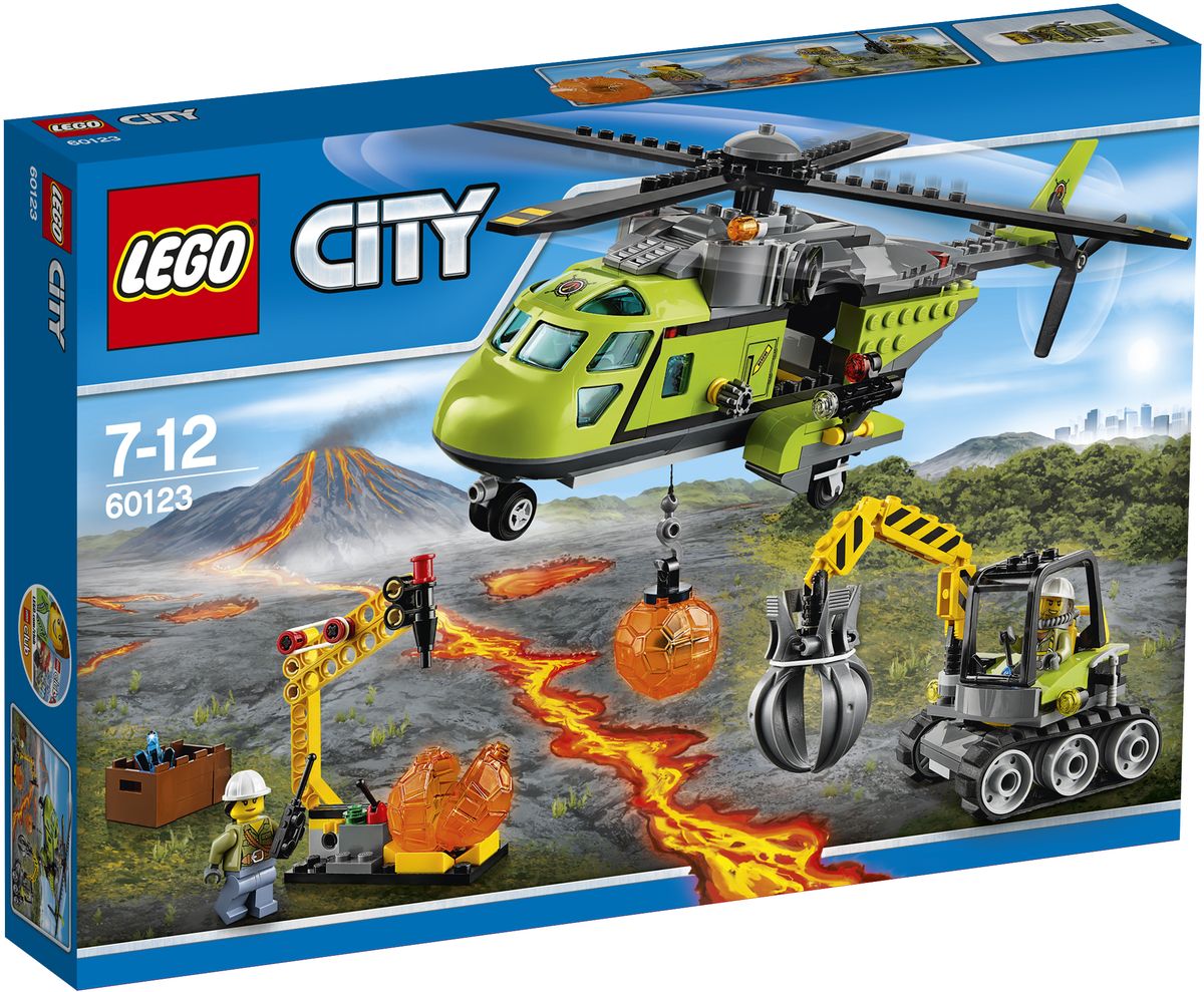 LEGO City Конструктор Грузовой вертолет исследователей вулканов 6012360123 LEGO City Конструктор Грузовой вертолет исследователей вулканов 6012360123Займитесь наукой и поднимитесь на новую высоту на Грузовом вертолете исследователей вулканов. Чем больше камней вы найдете, тем больше кристаллов можно отправить в лабораторию. Разгрузите экскаватор, инструмент и приступайте к работе! Упакуйте ящик с найденными кристаллами и загрузите его в заднюю часть вертолета, а затем снова взлетайте, чтобы послужить науке. Набор включает в себя 330 разноцветных пластиковых элементов. Конструктор - это один из самых увлекательных и веселых способов времяпрепровождения. Ребенок сможет часами играть с конструктором, придумывая различные ситуации и истории.