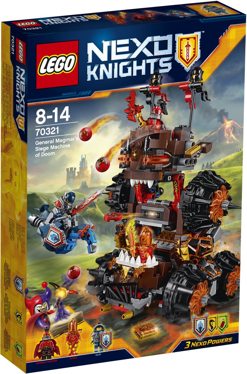 LEGO NEXO KNIGHTS Конструктор Роковое наступление Генерала Магмара 7032170321 LEGO NEXO KNIGHTS Конструктор Роковое наступление Генерала Магмара 7032170321Генерал Магмар ищет Книгу Разрушений, чтобы помочь Джестро посеять еще больше хаоса в королевстве Найтония. Отправьте Клэя Мурингтона в бой на Парящем коне, чтобы остановить врага, и укрывайтесь от летящих Глоблинов. Атакуйте генерала Магмара и Фламу, но не упустите момент, когда устрашающая машина 2 в 1 поднимется с земли и превратится в чудовищную осадную башню! В набор входят щиты для сканирования, дающие 3 Nexo Силы: Сила великана, Грозовой дракон и Динамит. Набор включает в себя 516 разноцветных элементов. Конструктор - это один из самых увлекательных и веселых способов времяпрепровождения. Ребенок сможет часами играть с конструктором, придумывая различные ситуации и истории.